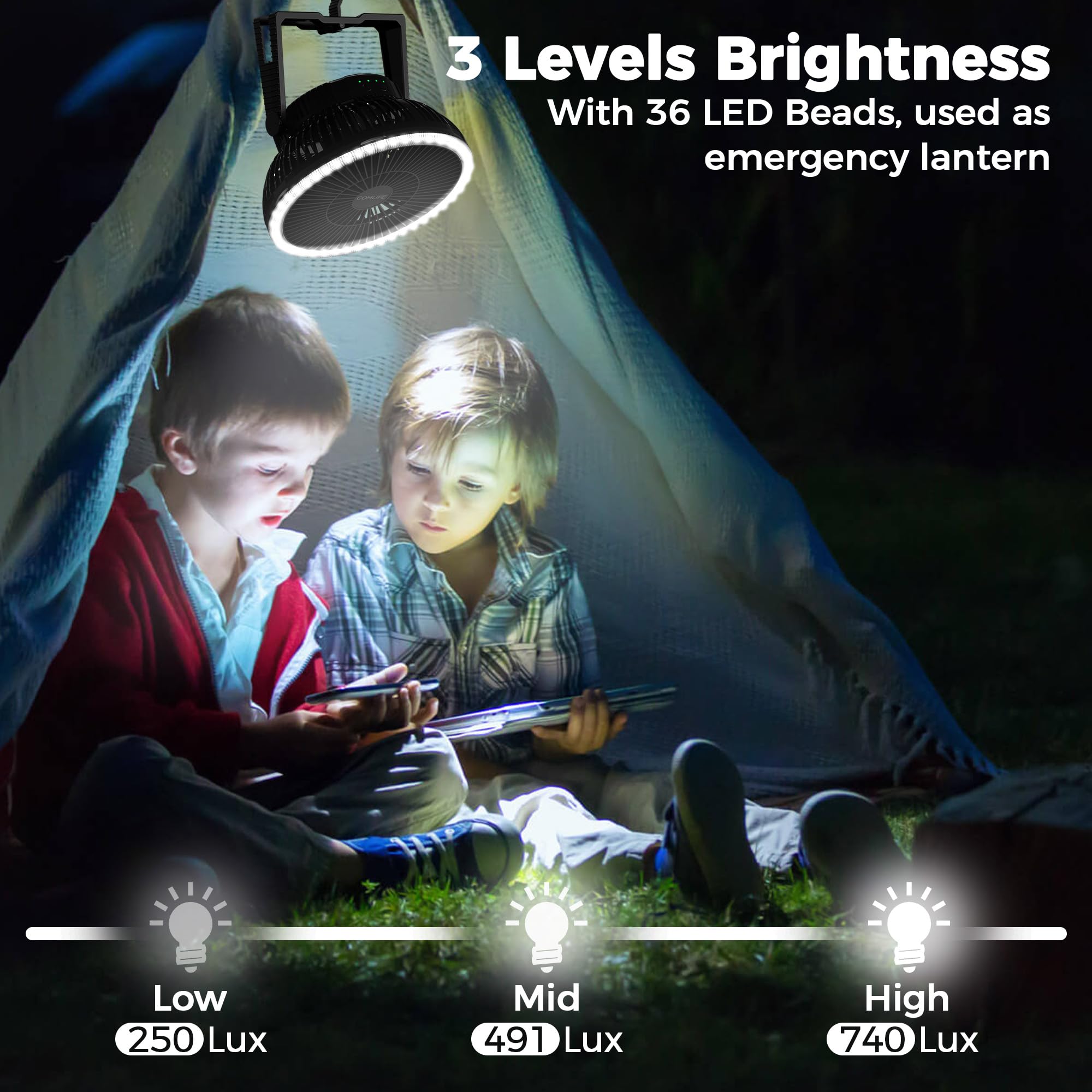 COMLIFE 10000mAh Camping Fan and LED Light - 8" Rechargeable, Portable USB for Tent/Tabletop Use, Black, Model F001