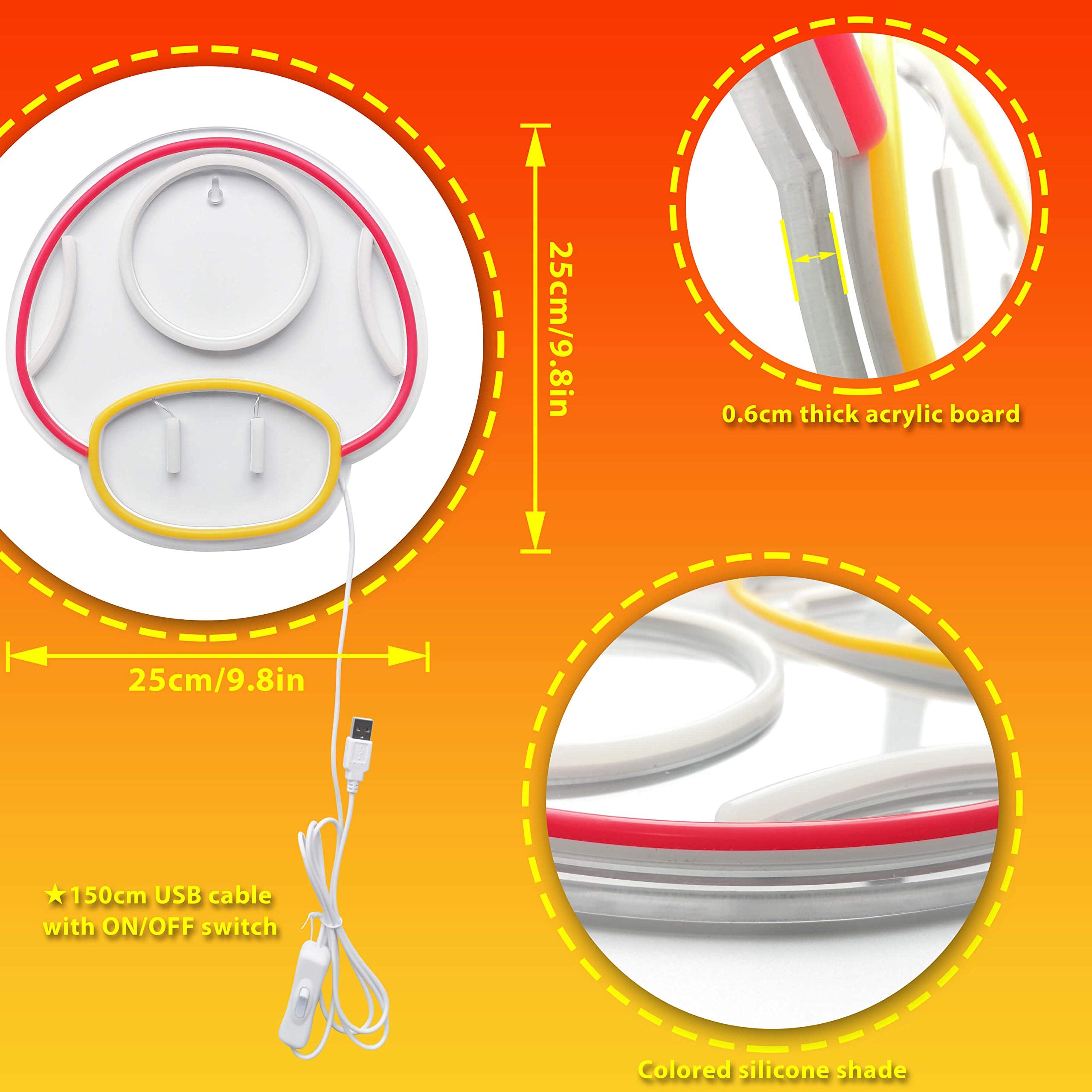 Heliwey Game Led Neon Light Sign - Super Mushroom Npc Wall Decor For Game Room, Red