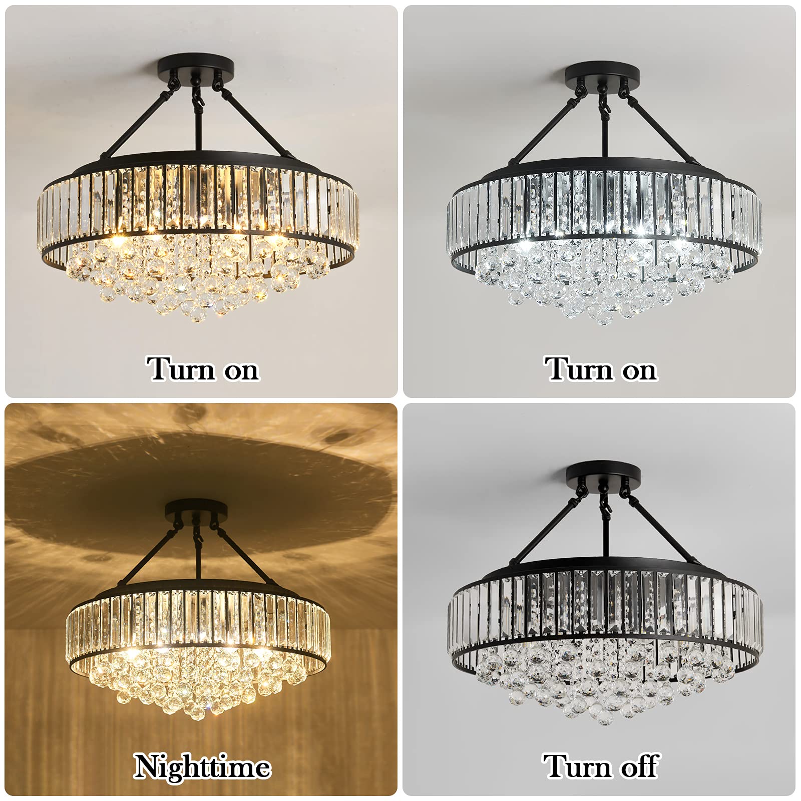 Yyjlx 6-Light Modern Black Metal Crystal Chandelier Semi Flush Mount Ceiling Lamp