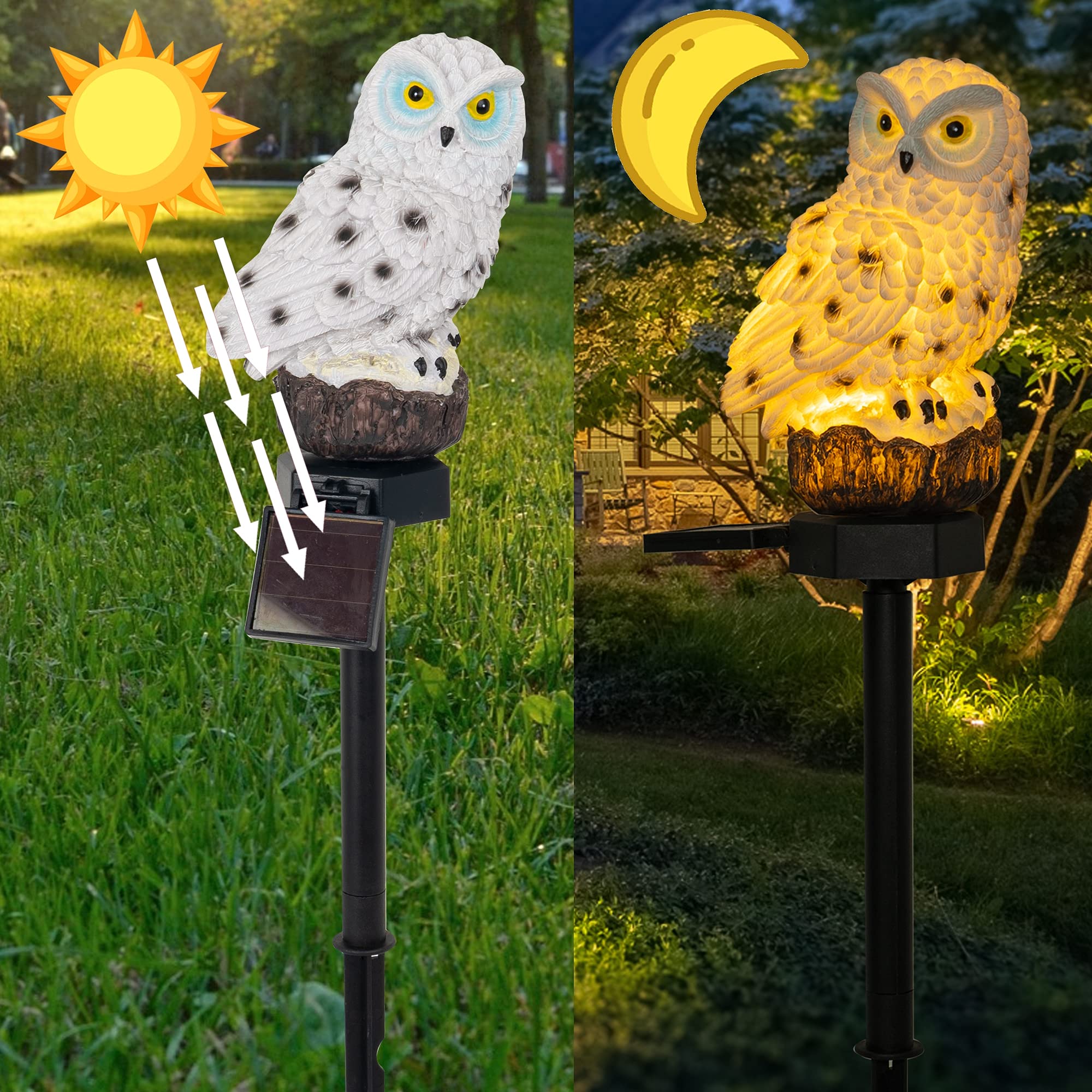 Dazzle Bright Owl Figure Solar LED Lights, 2 Pack, White Resin Garden Decorations for Outdoor Yard, Waterproof Stake, Gifts for Owl Lovers