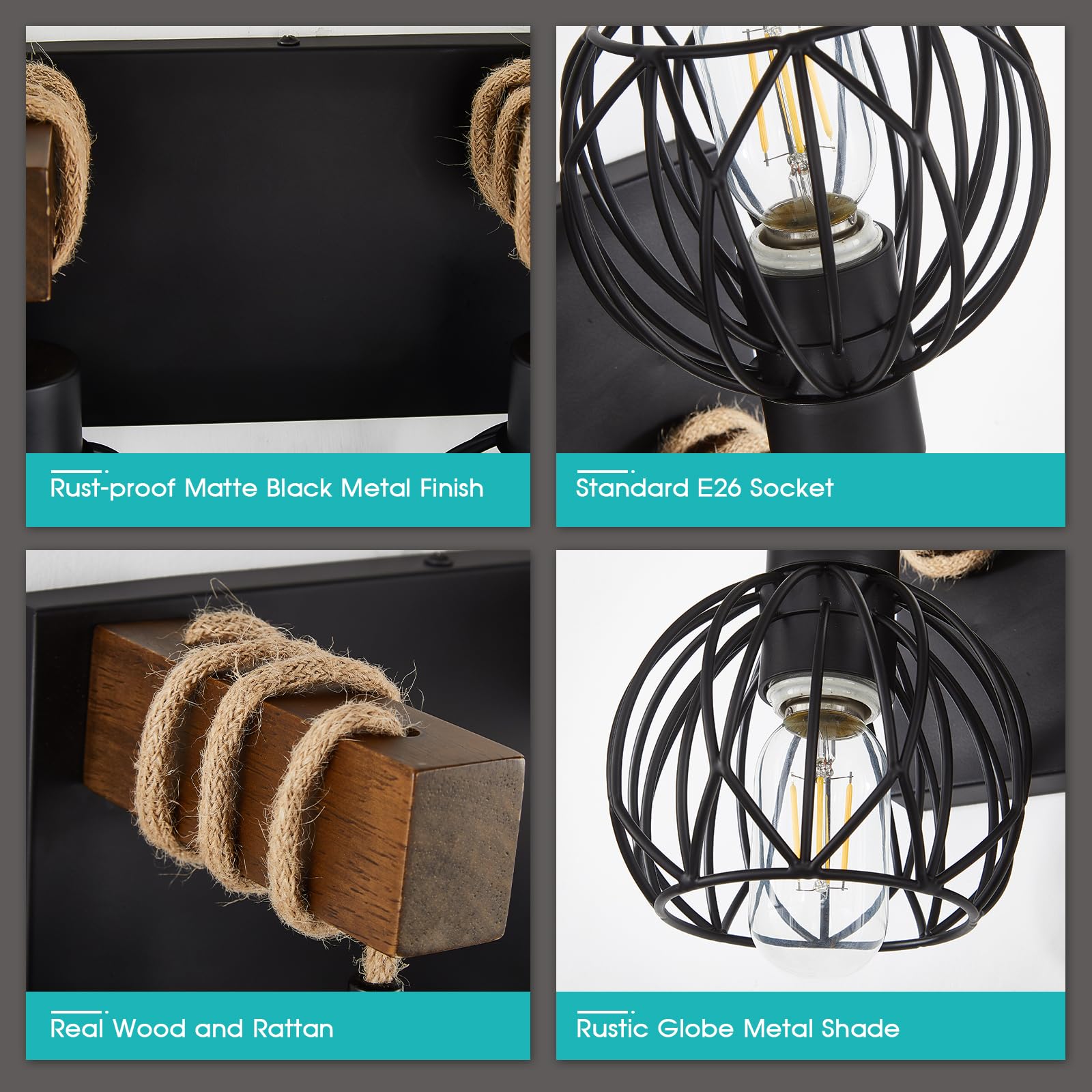 Farmhouse Bathroom Light Fixtures, 3 Light Wood Bathroom Lights Over Mirror, Rustic Rattan Black Vanity Light With Globe Metal Lampshade, Sconces Wall Lighting For Bathroom, Living Bedroom Hallway