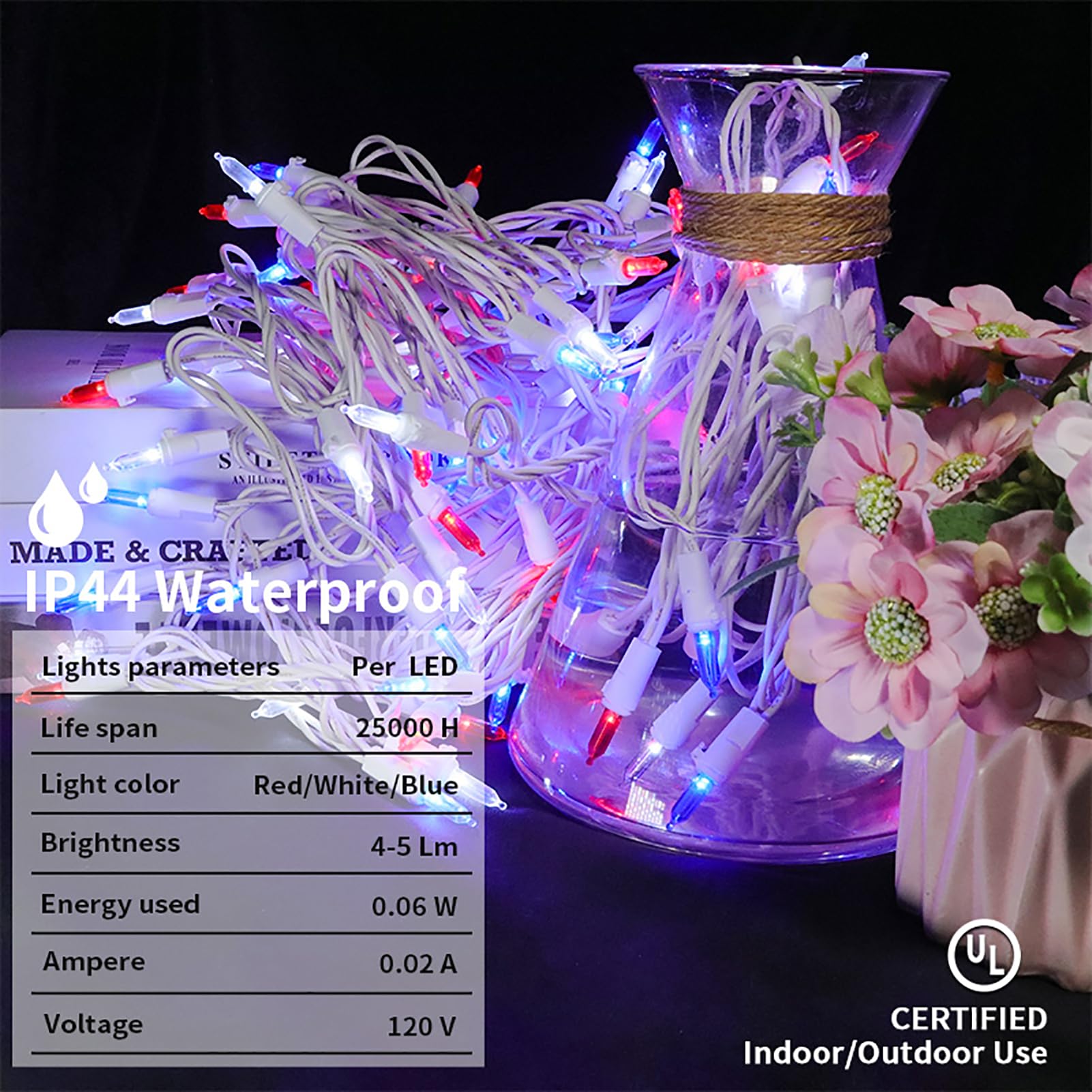Multi-Sparking Independence Day Mini String Lights (66 Feet, 200 Count) - White Wire Red White & Blue Led Patriotic String Lights, 4Th Of July Mini String Lights For Memorial Day Decorations