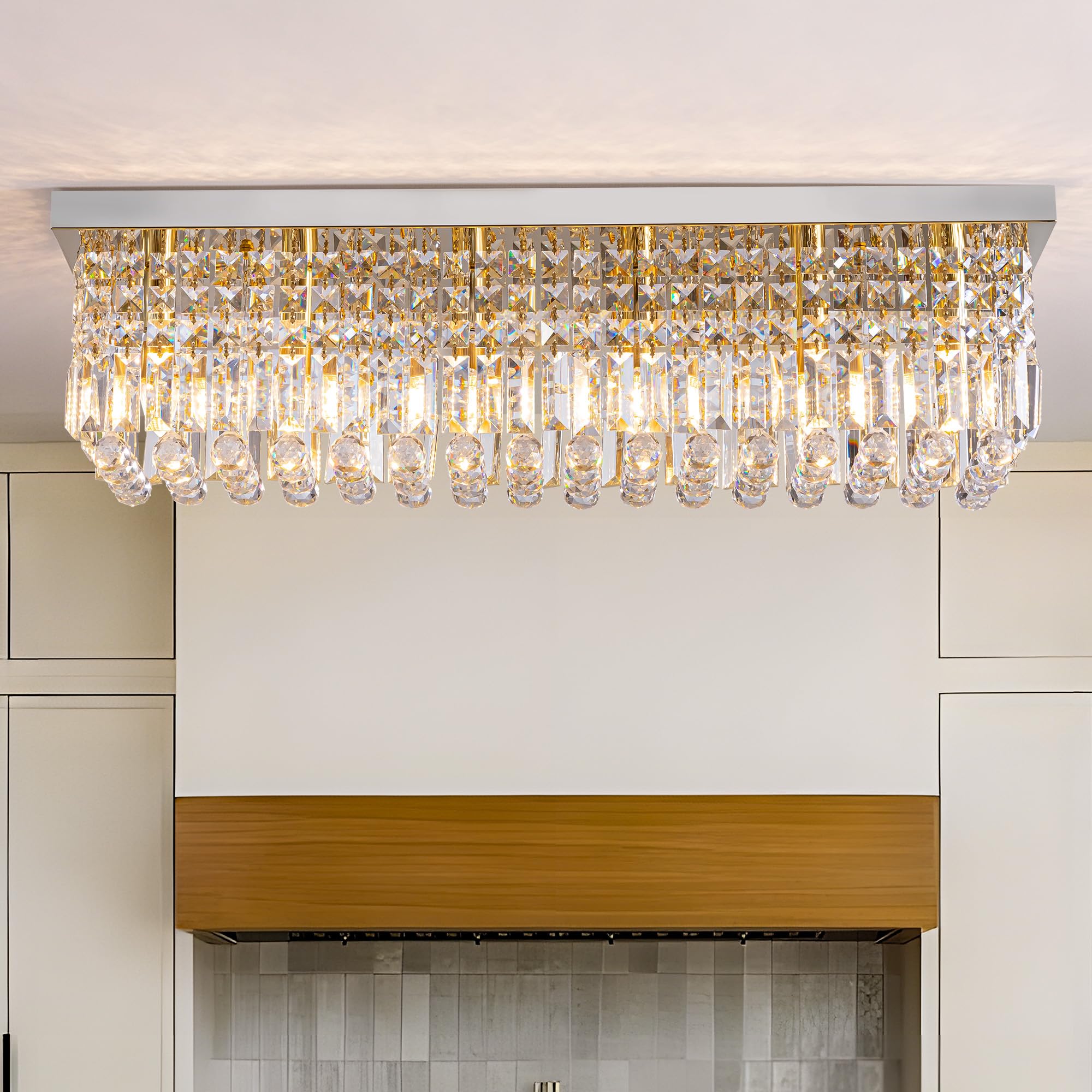 Tinkoso Modern Silver Rectangular Crystal Chandelier,6-Light Chandelier For Dining Room,K9 Crystal Rectangle Chandeliers,59-Inch