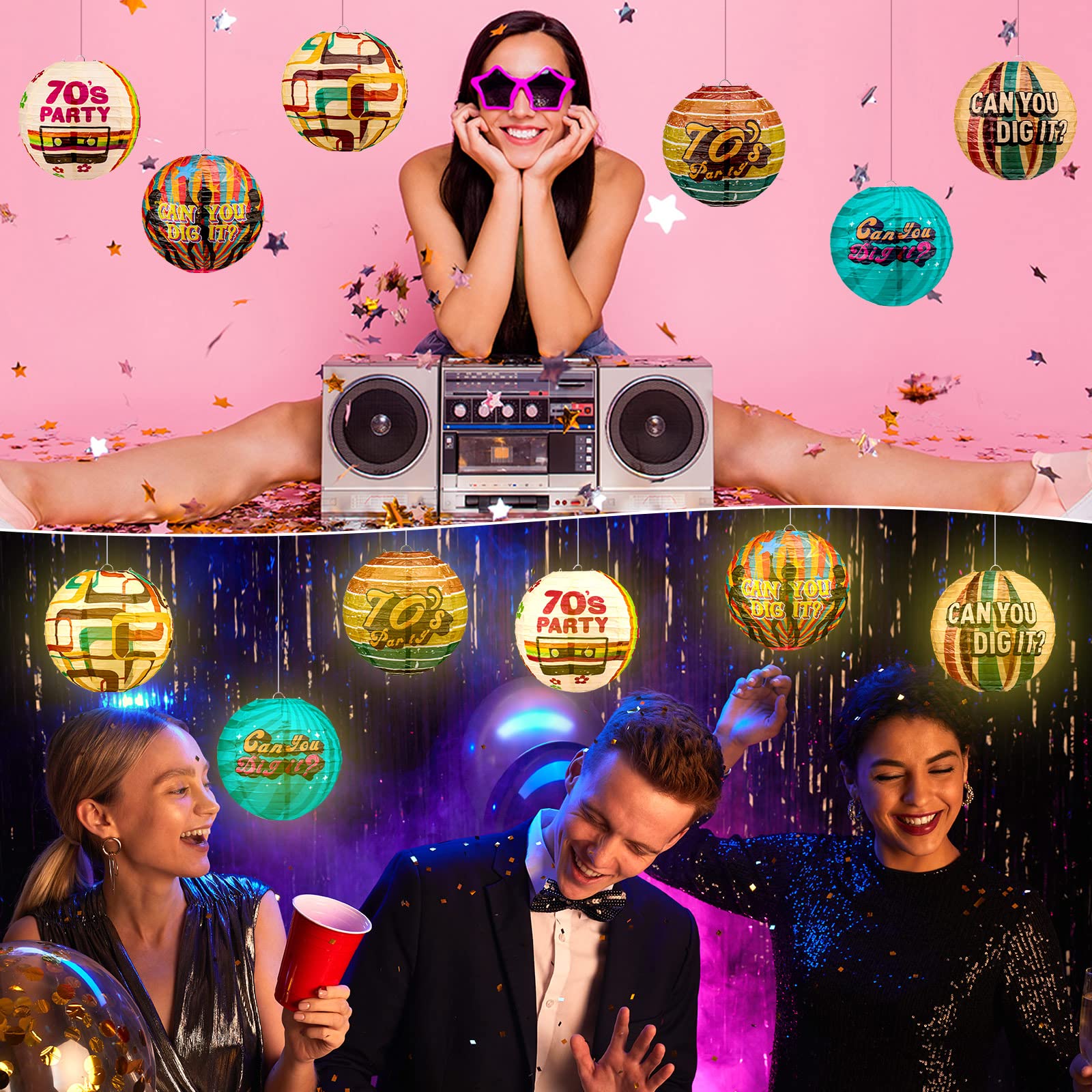Frienda 6 Pieces Paper Lanterns Retro Style 70s Party Decorations Metal 70s Decades Birthday Supplies