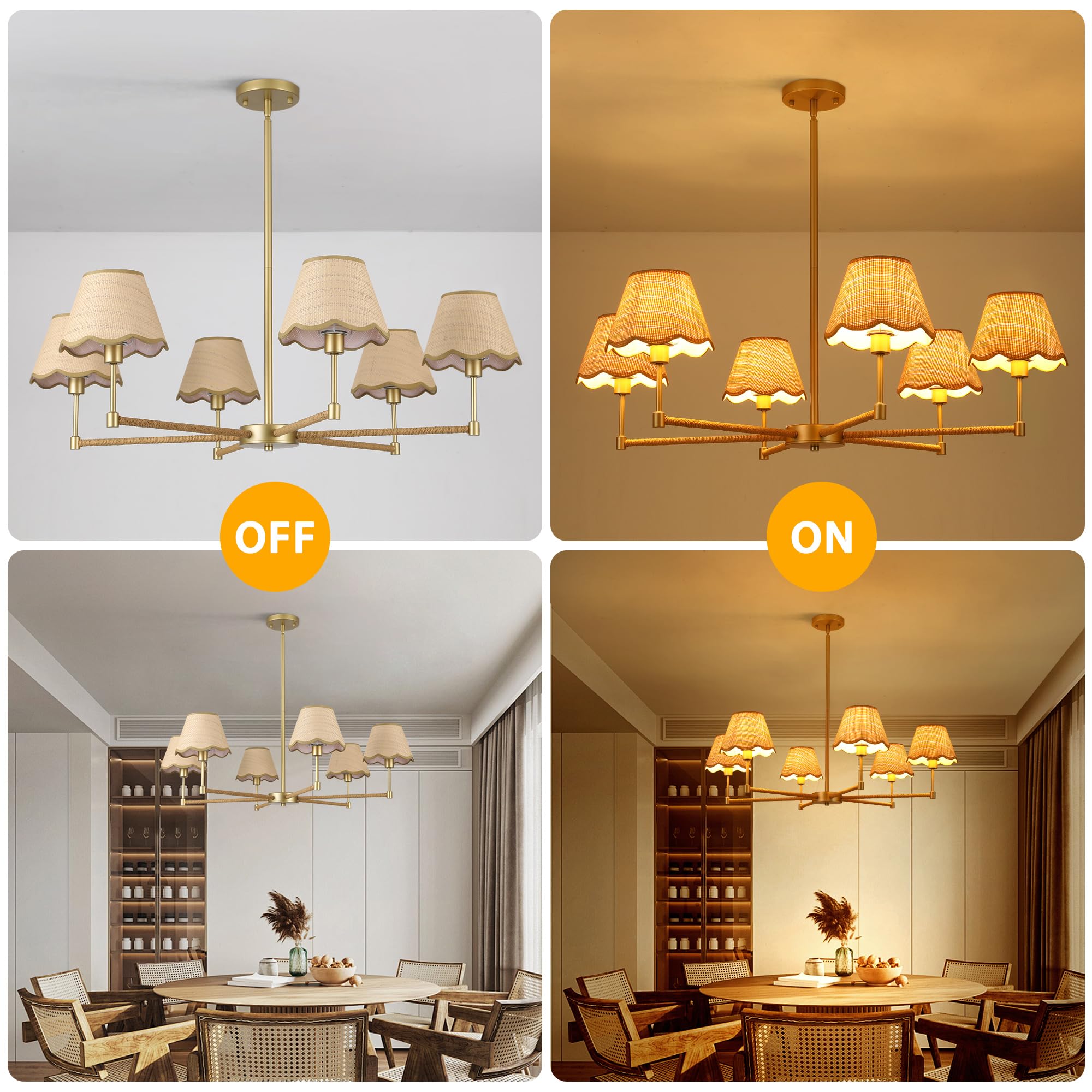 Zxfdwb Farmhouse Rattan Chandelier Light Fixture  6-Light Boho Chandeliers For Dining Room  Adjustable Rustic Pendant Light Large Modern Gold Hanging Lighting For Kitchen Island  Living Room