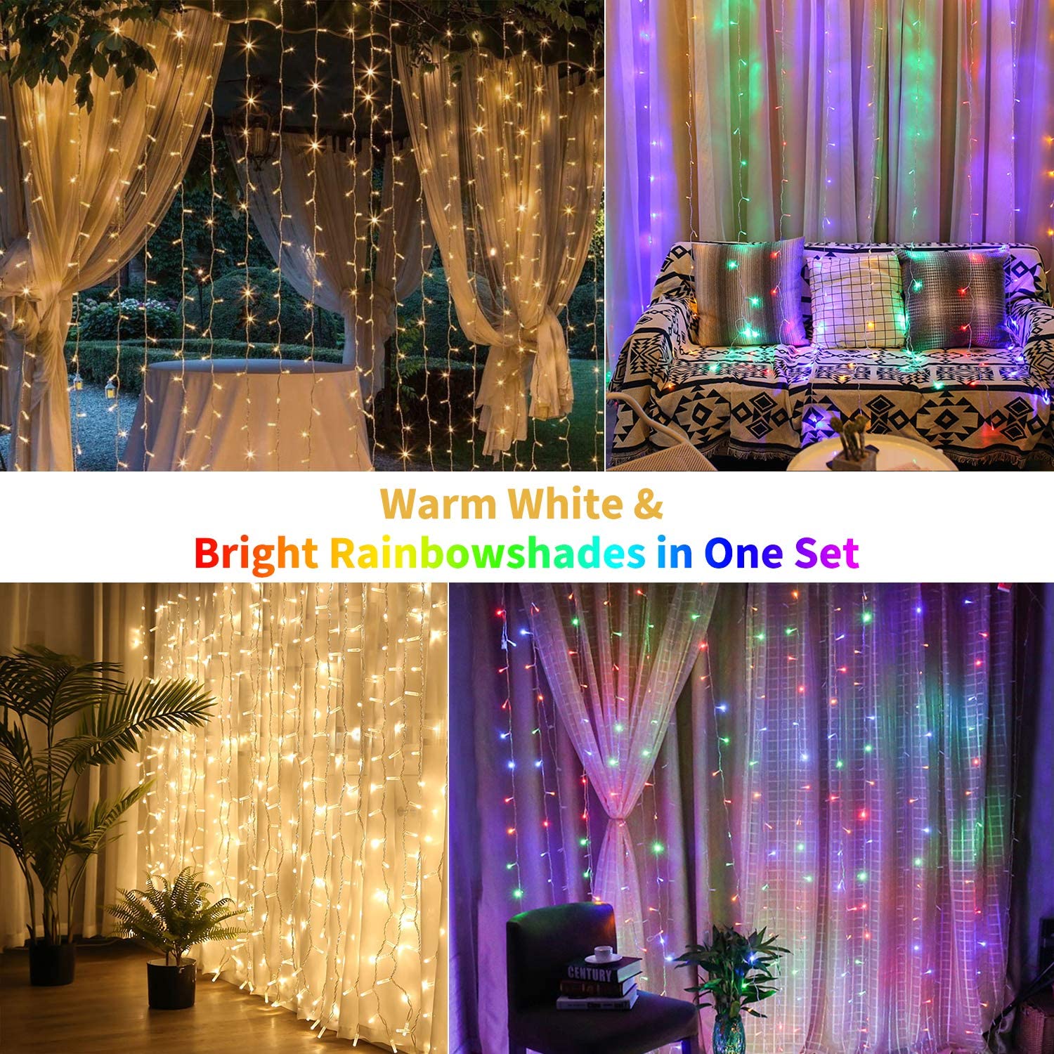 Brightown Curtain Lights 9.8X9.8 Feet 300 LED 11 Lighting Modes with Remote Control 2 Colors Hanging String Fairy Lights for Wal