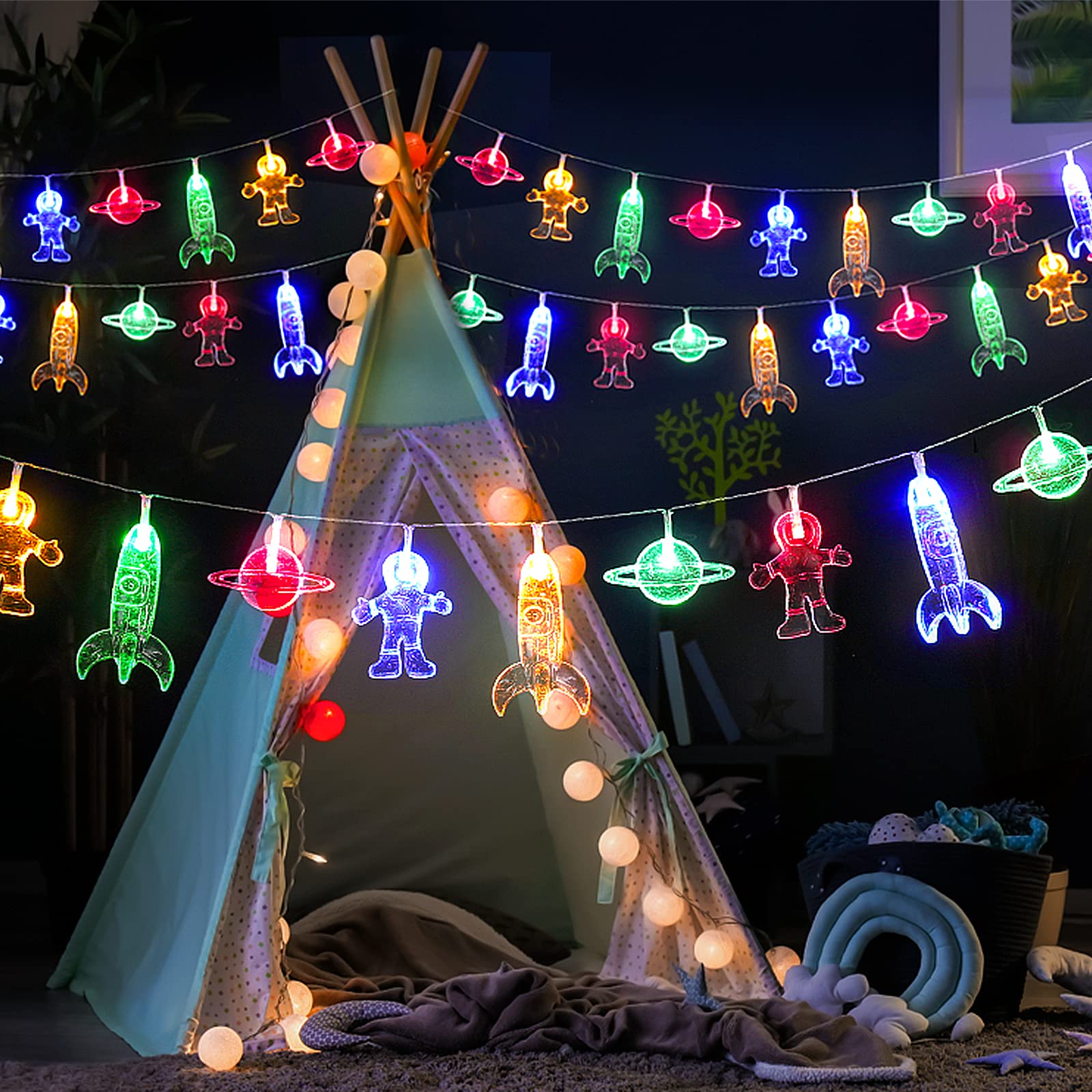20 Led Children'S Room Led String Light Astronaut Spaceship Rocket Pendants Holiday Party Lights Wall Window Nursery Or Kids Room Decor Wedding Around The Garden Party Patio Christmas (Multicolour)