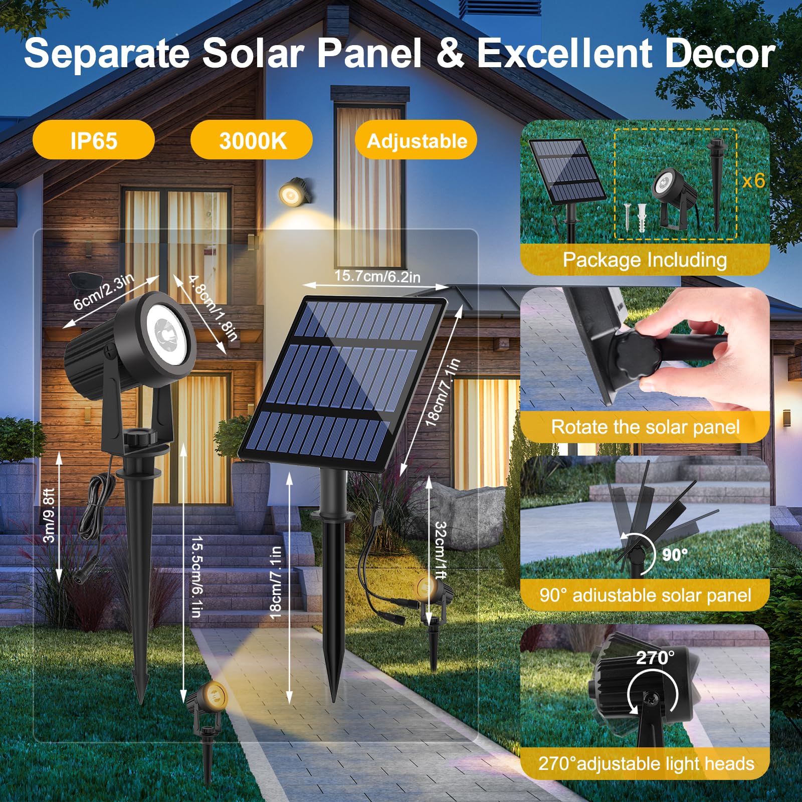 T-Sunus 6-In-1 Solar Spot Lights For Outdoor Warm White 3000K Landscape Spotlight Ip65 Waterproof Separated Panel Uplights With