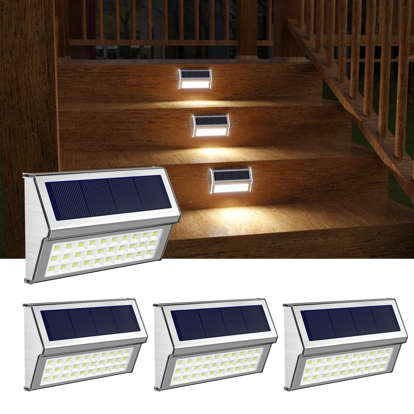 ROSHWEY Solar Step Lights Outdoor 4 Pack 30 LED Stainless Steel Solar Outside Lights Waterproof Stair Light Backyard Decor for G