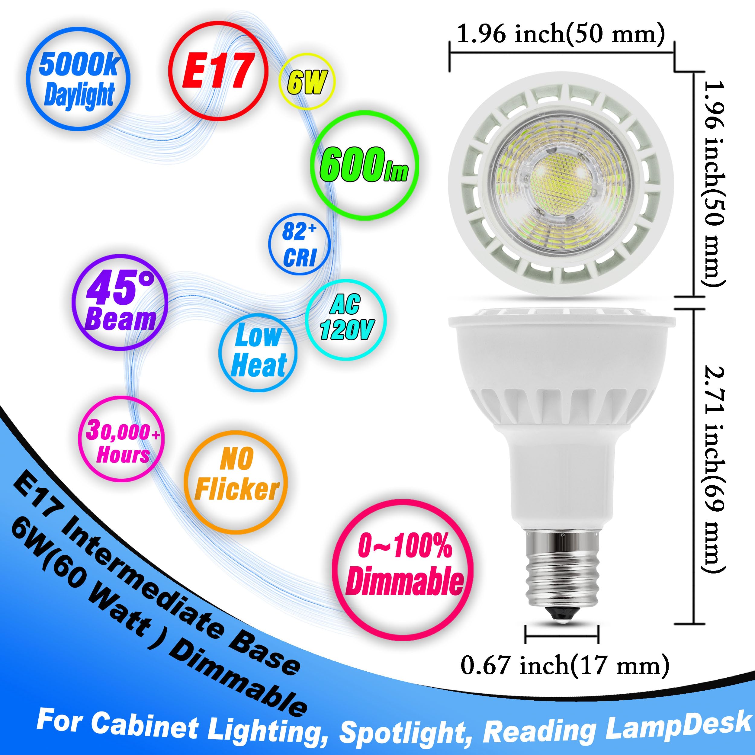 Heifymi E17 Led Spotlight Bulb Dimmable 6W (60 Watt Equivalent) E17 Intermediate Base Type R14 Reflector Light Bulb For Desk Rea
