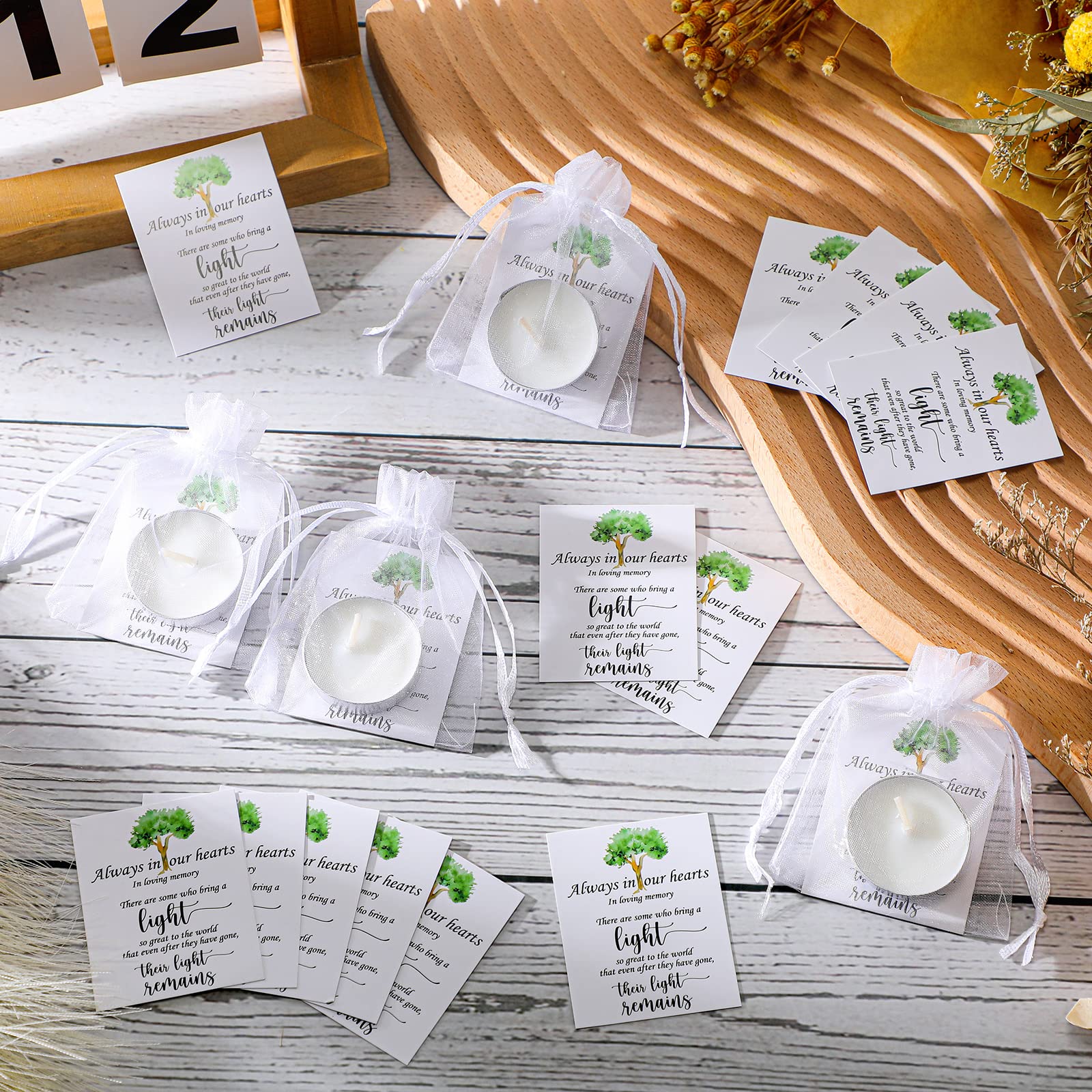 Coume 50 Set Unscented Tealight Candles - White with Condolence Cards & Organza Bags for Memorial Celebrations (Model SR-Coume-573130)