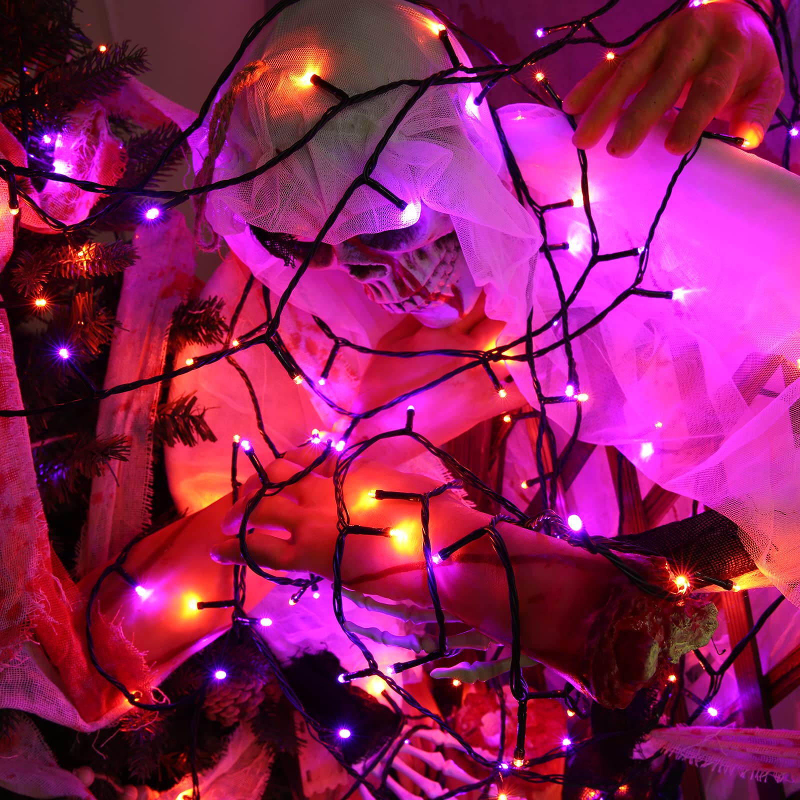LYHOPE Halloween String Lights, 200 LED, 72ft, Waterproof, 8 Modes, Battery Operated, Orange & Purple