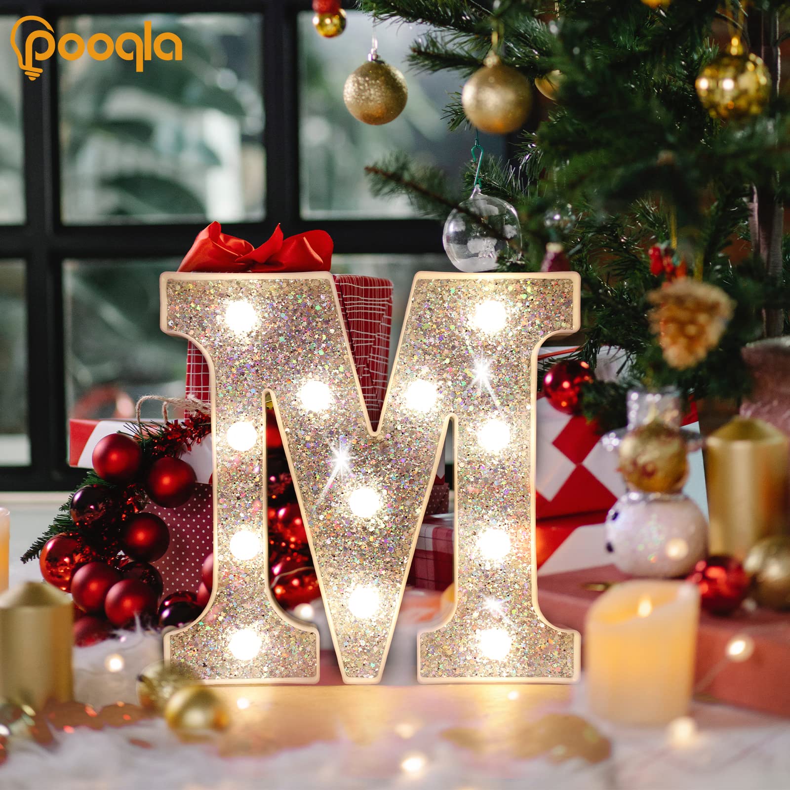 Pooqla LED Marquee Letter Lights, Silver Glitter N, Battery Powered Plastic Night Light for Parties and Home Decor