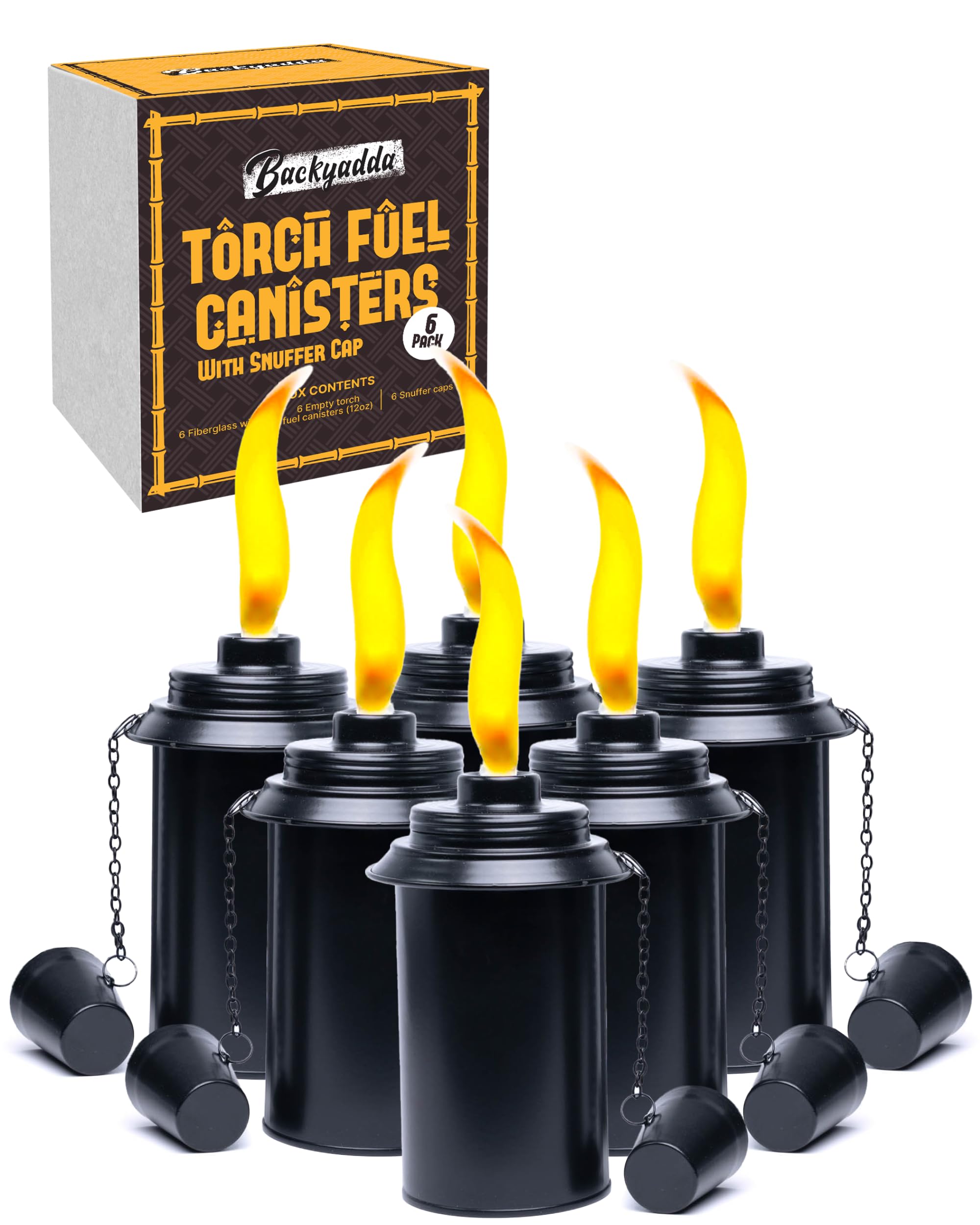 Backyadda Torch Replacement Canisters (16 oz). Compatible with Tiki Torches. Easy Fill Opening. 6-Pack Standard Metal (with Caps