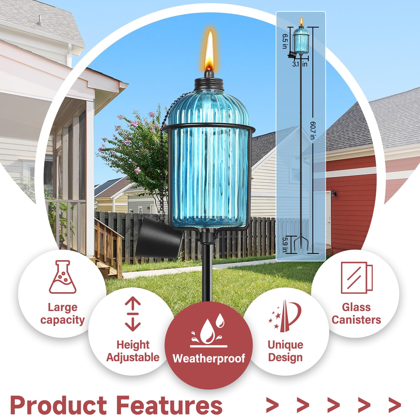 Fan-Torches 4 Pack Colorful Metal Garden Torches, 59-Inch Citronella Outdoor Decor