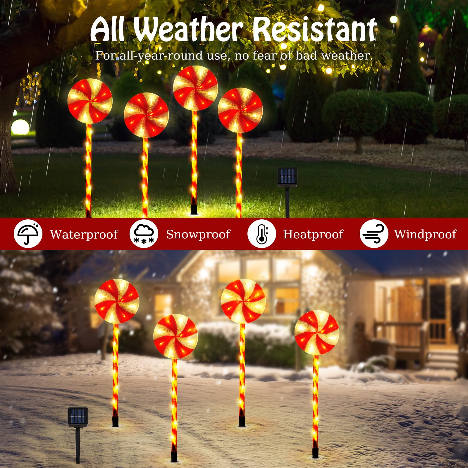 Lewondr 4 Pack Lollipop Christmas Decorations Outdoor,Solar Lighted Candy With Garden Stakes,Waterproof Garden Lawn Pathway With