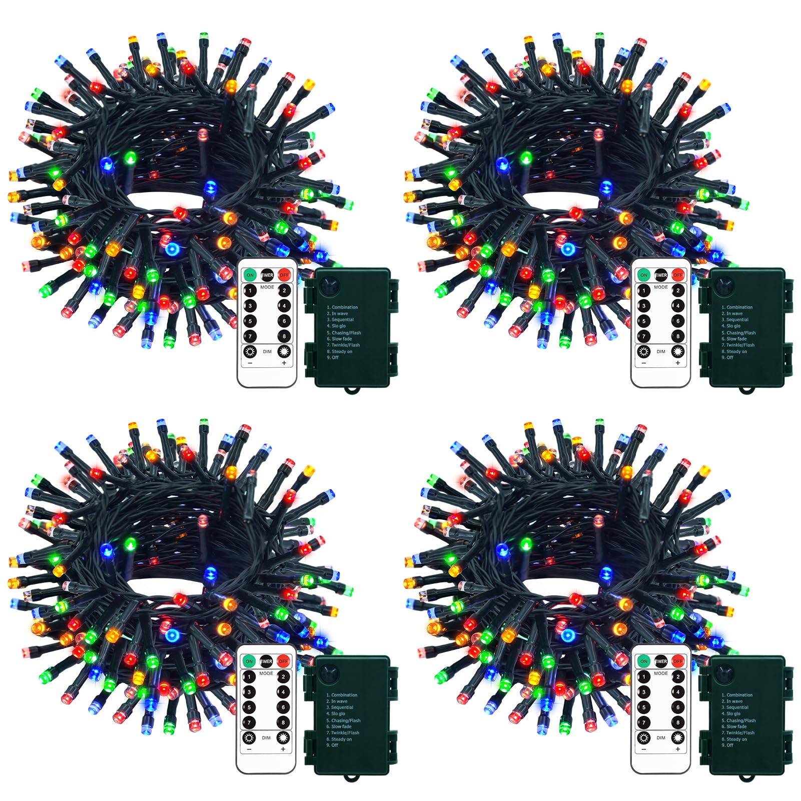4 Pack Christmas String Lights Battery Operated, Total 66Ft 200LED Fairy String Lights with Timer Remote 8 Modes Twinkle String 