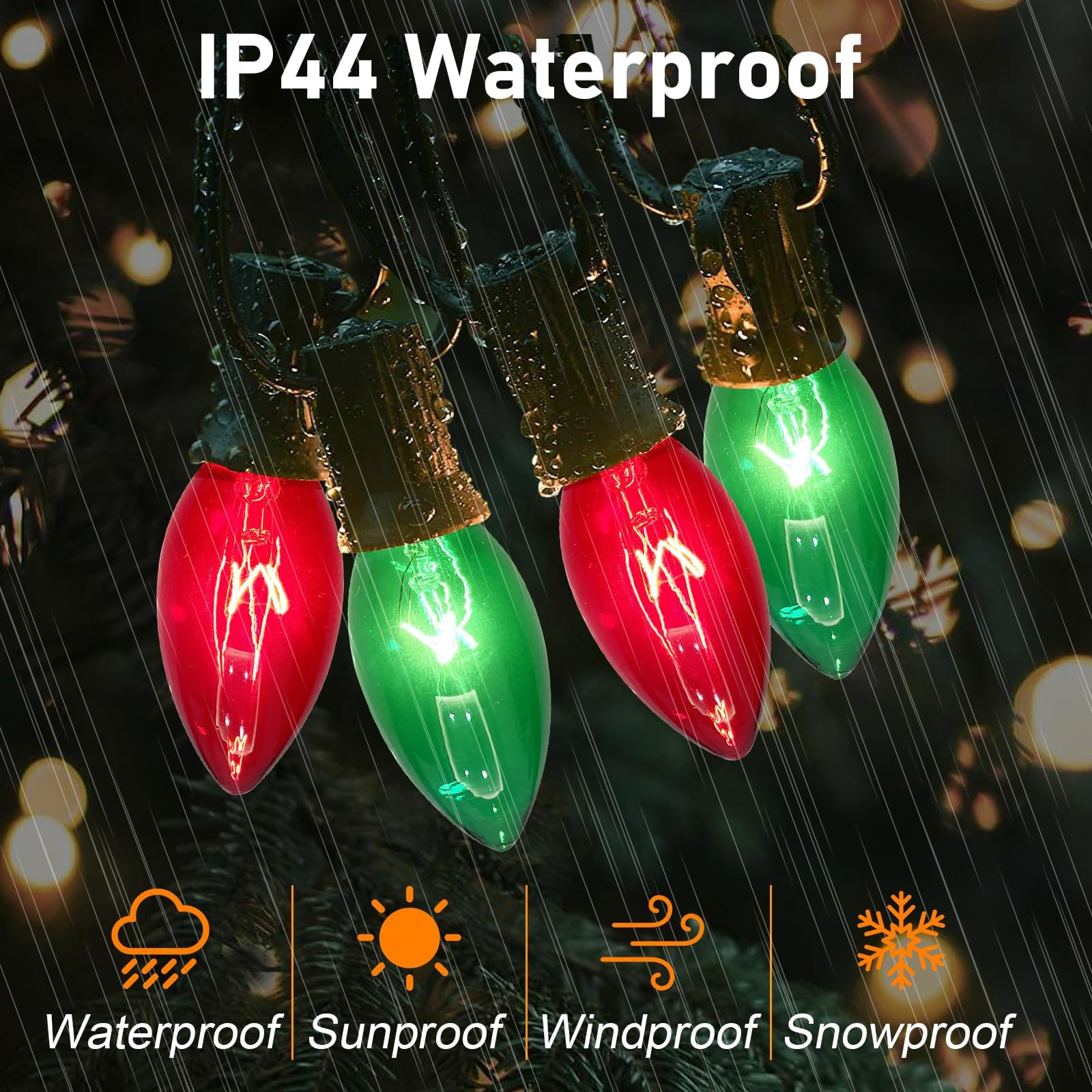 C9 Christmas Lights Outdoor, 25Ft Red And Green Vintage Christmas String Lights With 26 C9 Clear Red/Green Bulbs, Outdoor Hangin