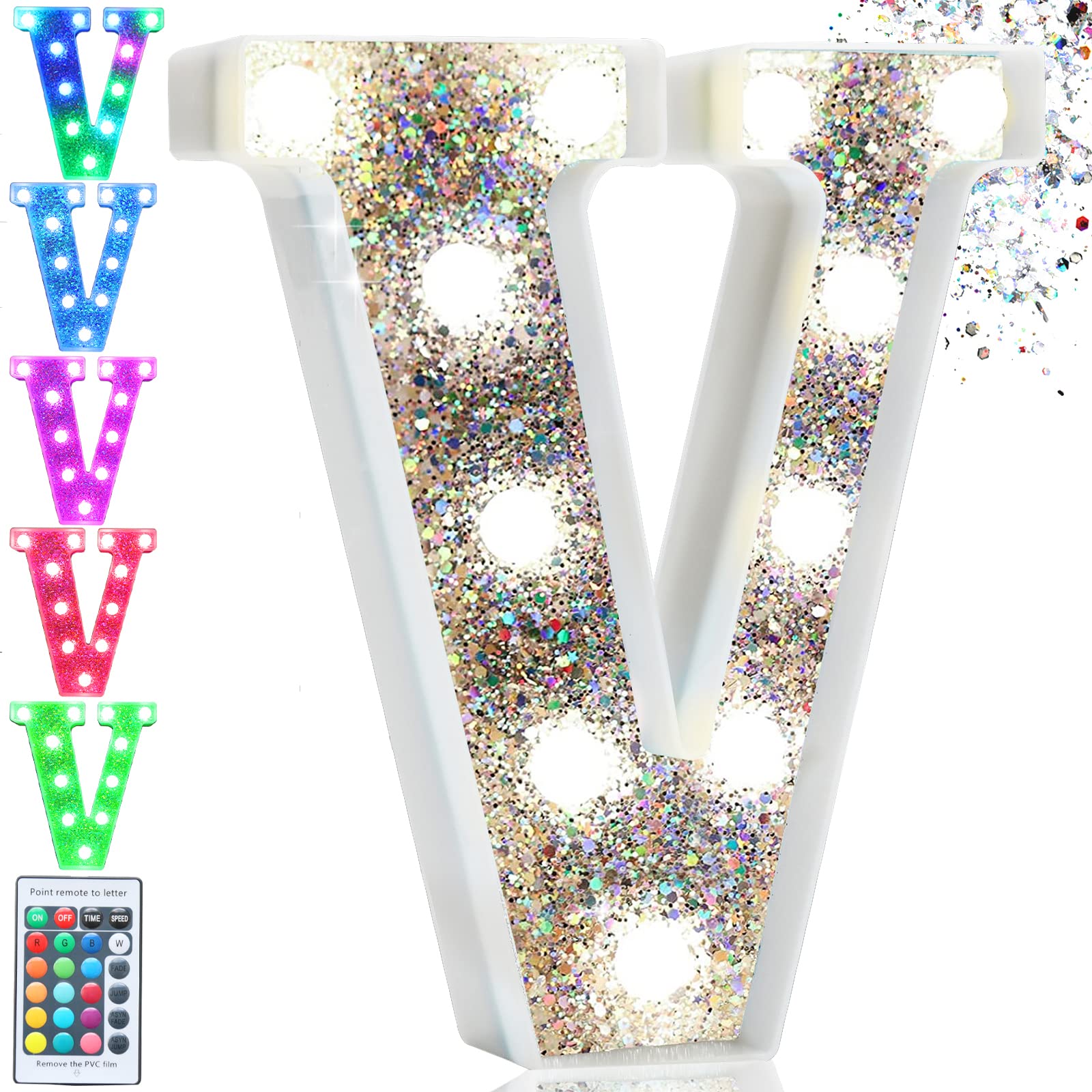 Pooqla LED Marquee Letter V, 16 Colors Light Up Sign, Battery Operated, Silver Glitter for Party and Bedroom Decoration