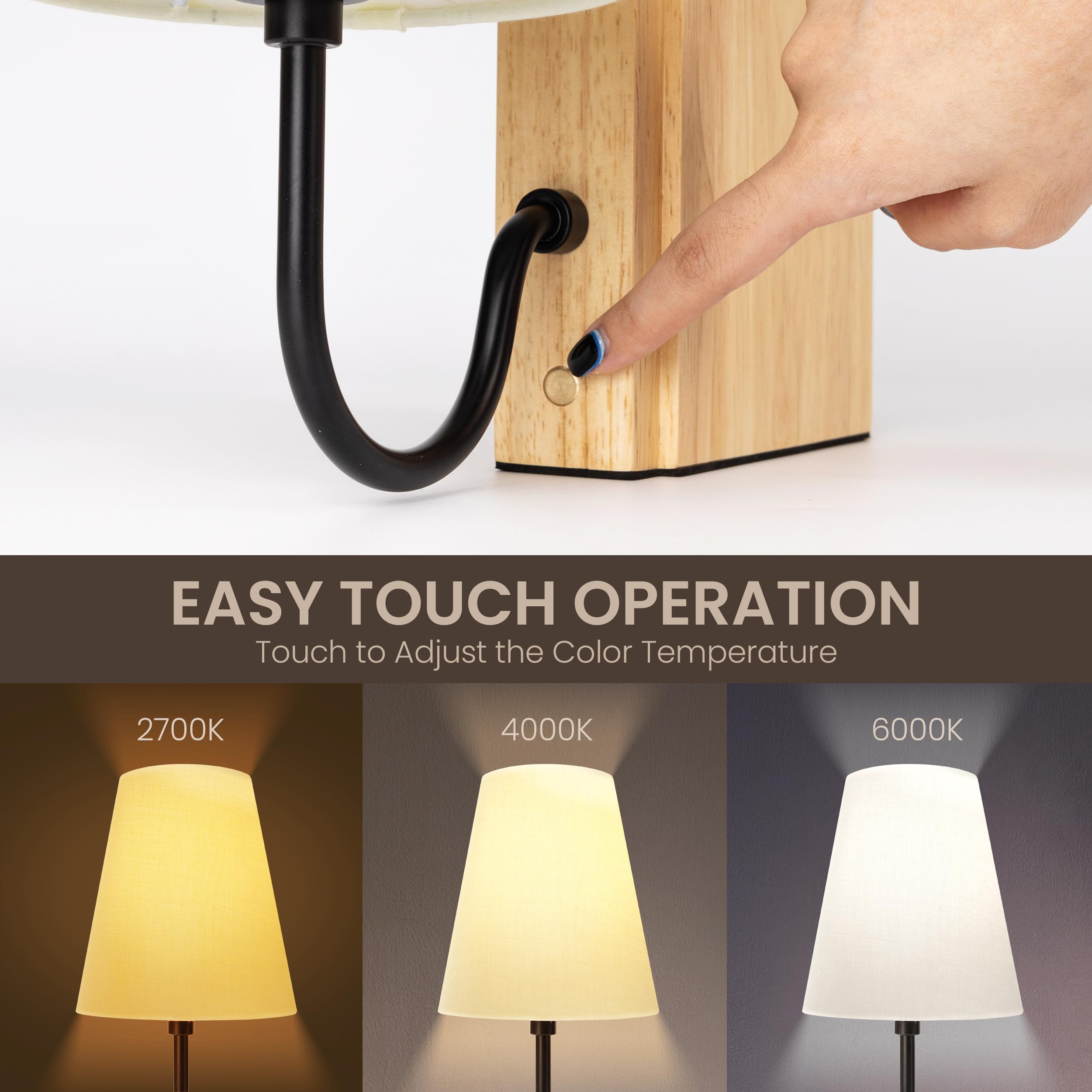 AELS Wooden Bookshelf Lamp - 3-Color Dimmable Touch Control, Linen Shade, Plug-in Model, Natural Finish, Model SL0962