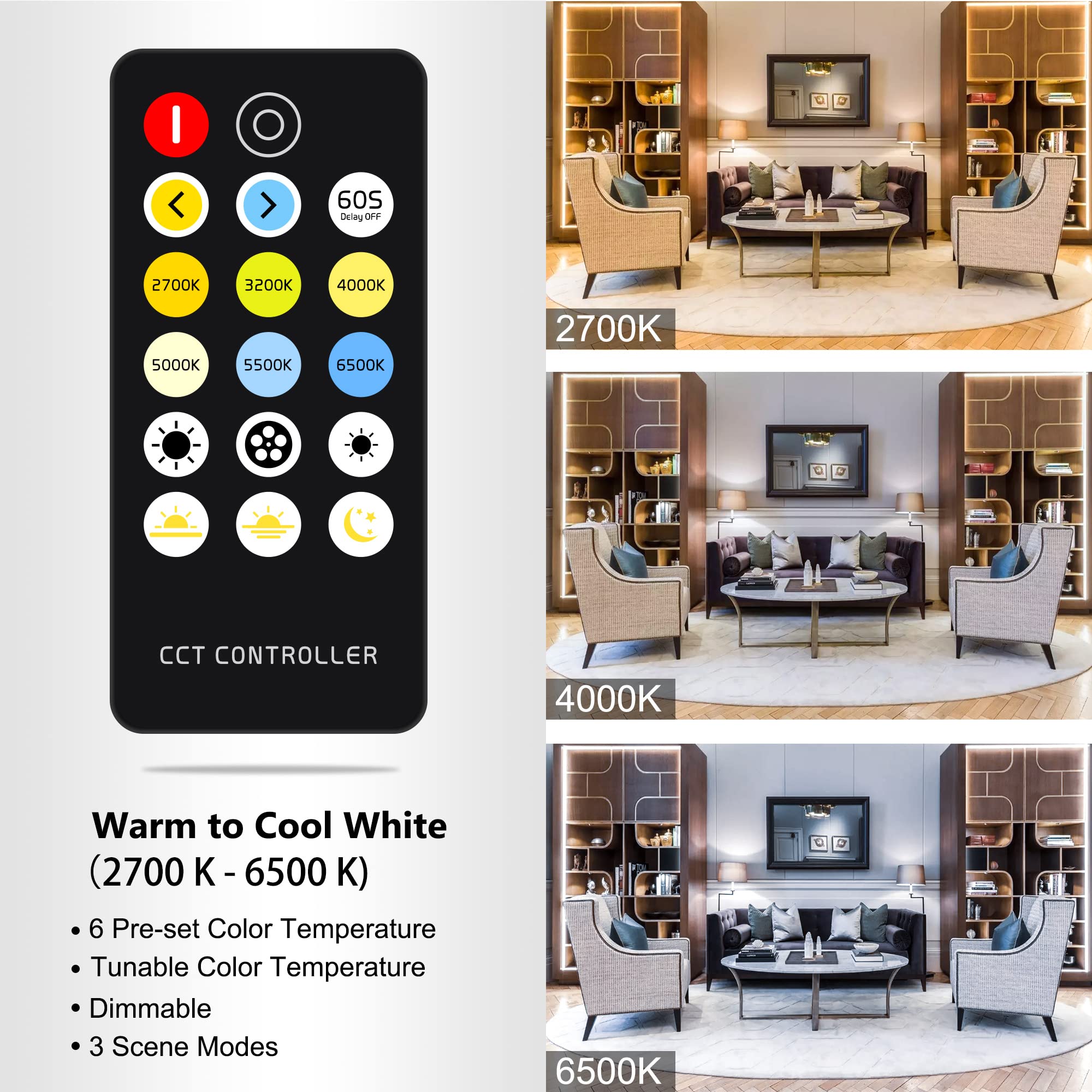 Cct Cob Led Strip Lights Tunable White, 16.4Ft Dimmable 2700K-6500K 24V Tunable White Led Strip Lights Set, High Density Led Strips Cri 90+ Ul-Listed Power Supply,For Bedroom Kitchen Home Diy Lighting