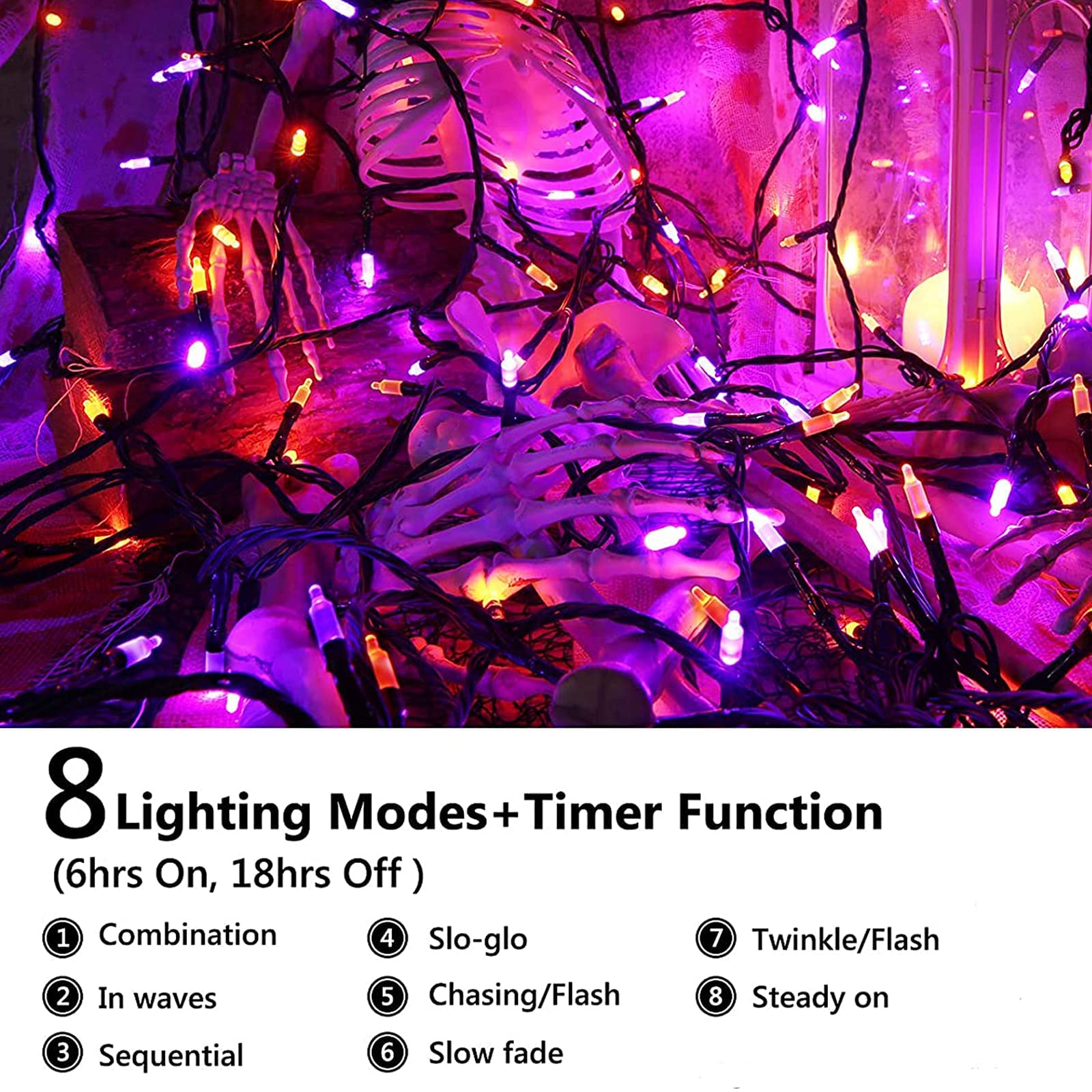 Joomer 33ft 100 LED Mini String Lights, Battery Operated, Waterproof, 8 Modes, Orange Purple for Halloween Decorations