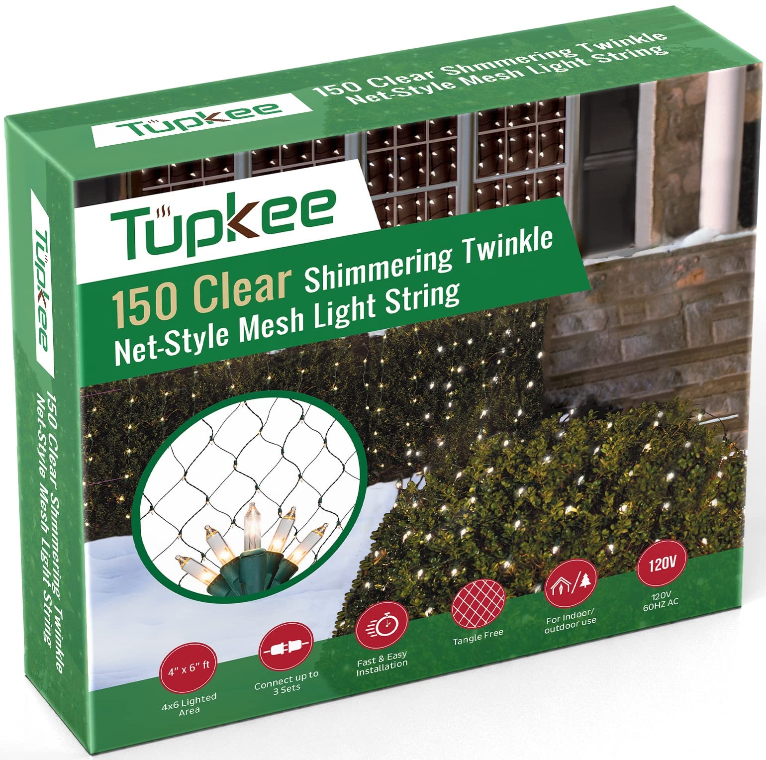 Tupkee Christmas Light Net – 150 Clear Warm Mesh Lights - Random Shimmering Twinkle Lights - 21 Of 150 Lights Twinkle - 4 Ft X 6 Ft – Outdoor/Indoor – Net Lights For Bushes, Hedges Or Trees