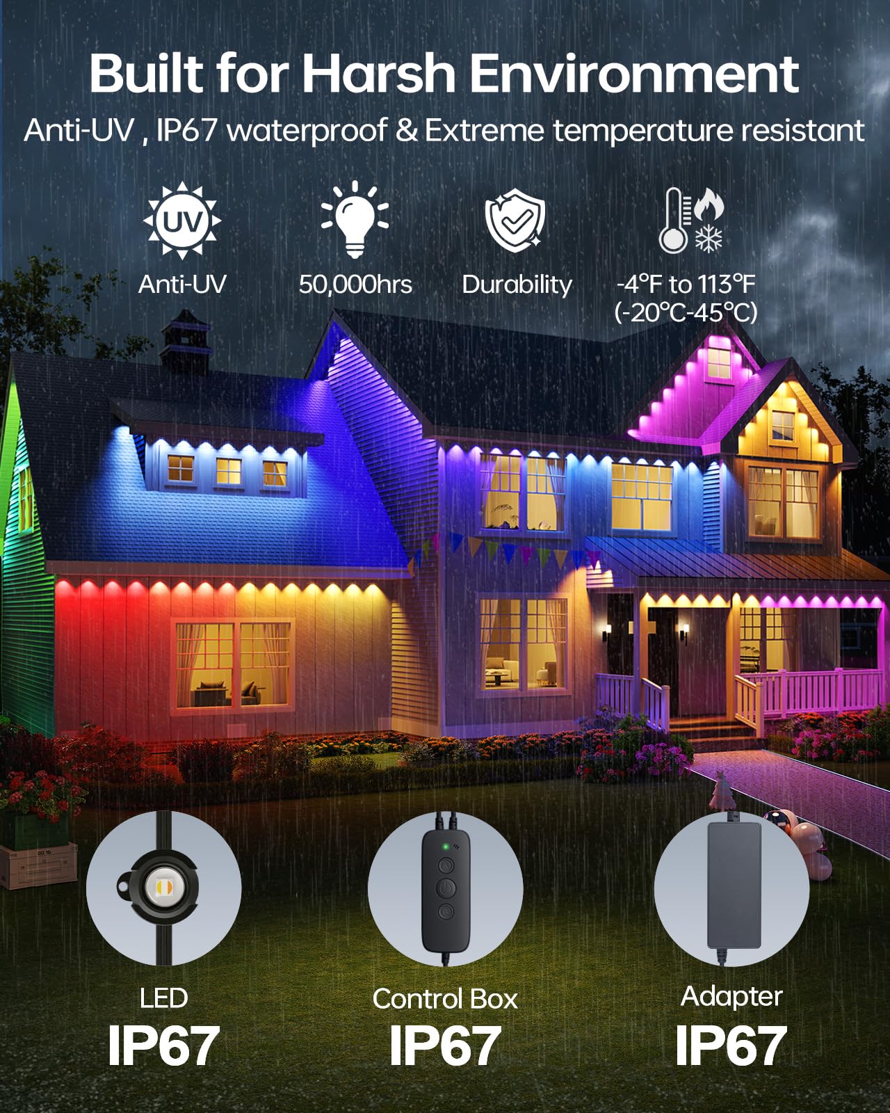 ASAHOM AI Permanent Outdoor Lights S107B, 100FT, 72 RGBCW LEDs, Black, Cuttable, 30,000 Effects, Dual Output for Outdoor Decor
