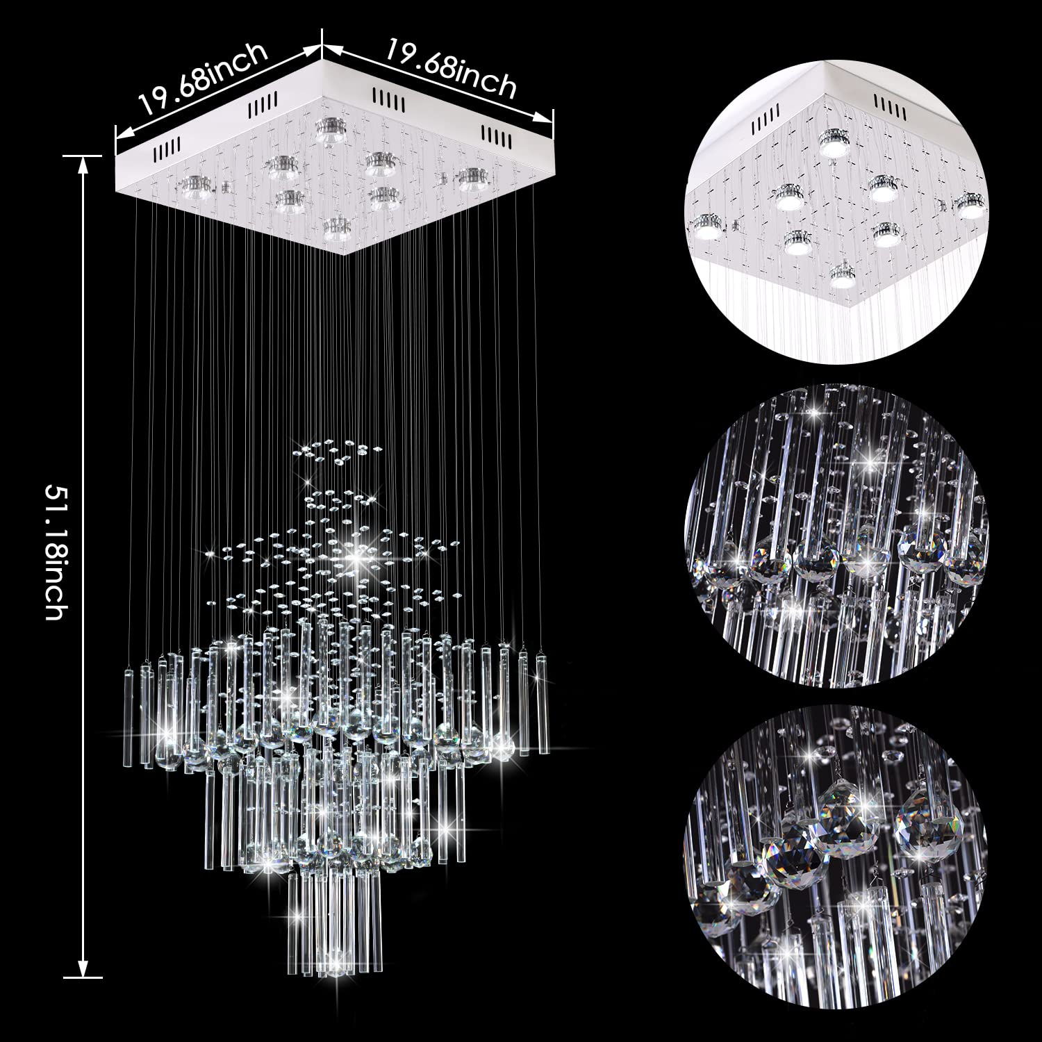 CRYSTOP Modern 3-Tier Crystal Raindrop Chandelier, 19.6" Square Flush Mount Ceiling Light, Silver Finish for Foyer/Entryway