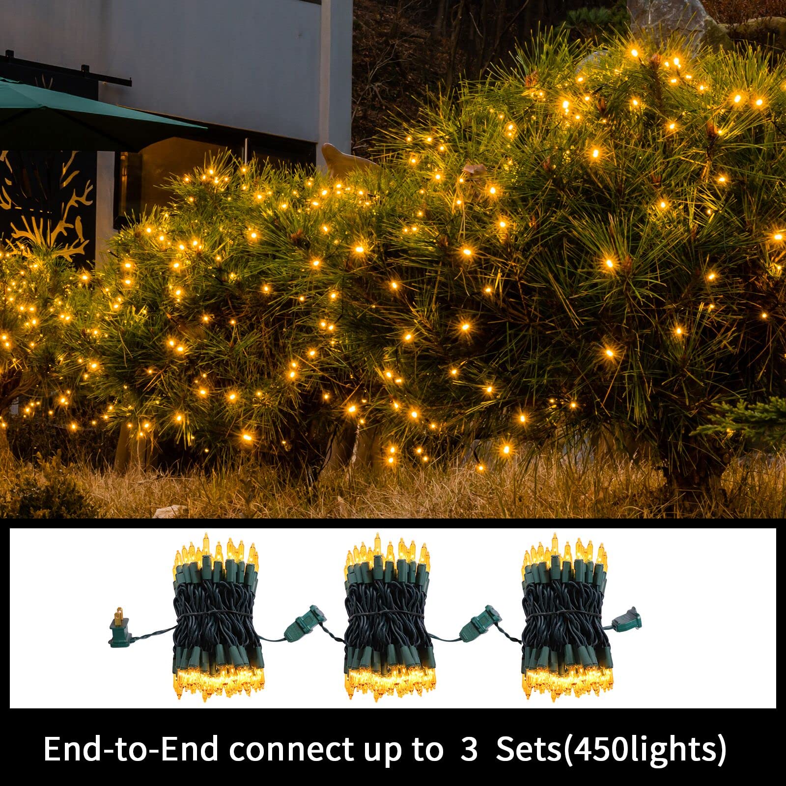 Lamphome Super-Bright Extendable Yellow Christmas Lights Decoration 150Lights 31.9Ft Ul Certified Mini Bulb String Light Set For Outdoor Christmas Tree Garden Holiday Party Patio Wedding Garland Decor