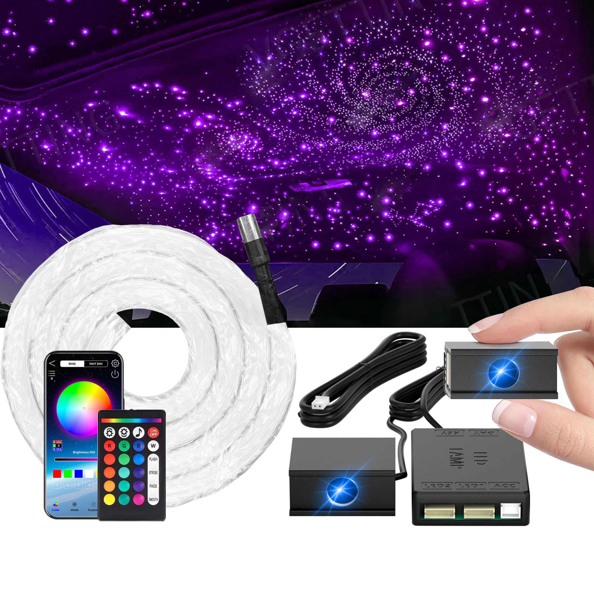 Split Starlight Headliner Kit - 1800pcs 0.02in 4.9ft Fiber Optic RGBW Star Lights for Car with 6 Light Heads 16W Engine Easy to 