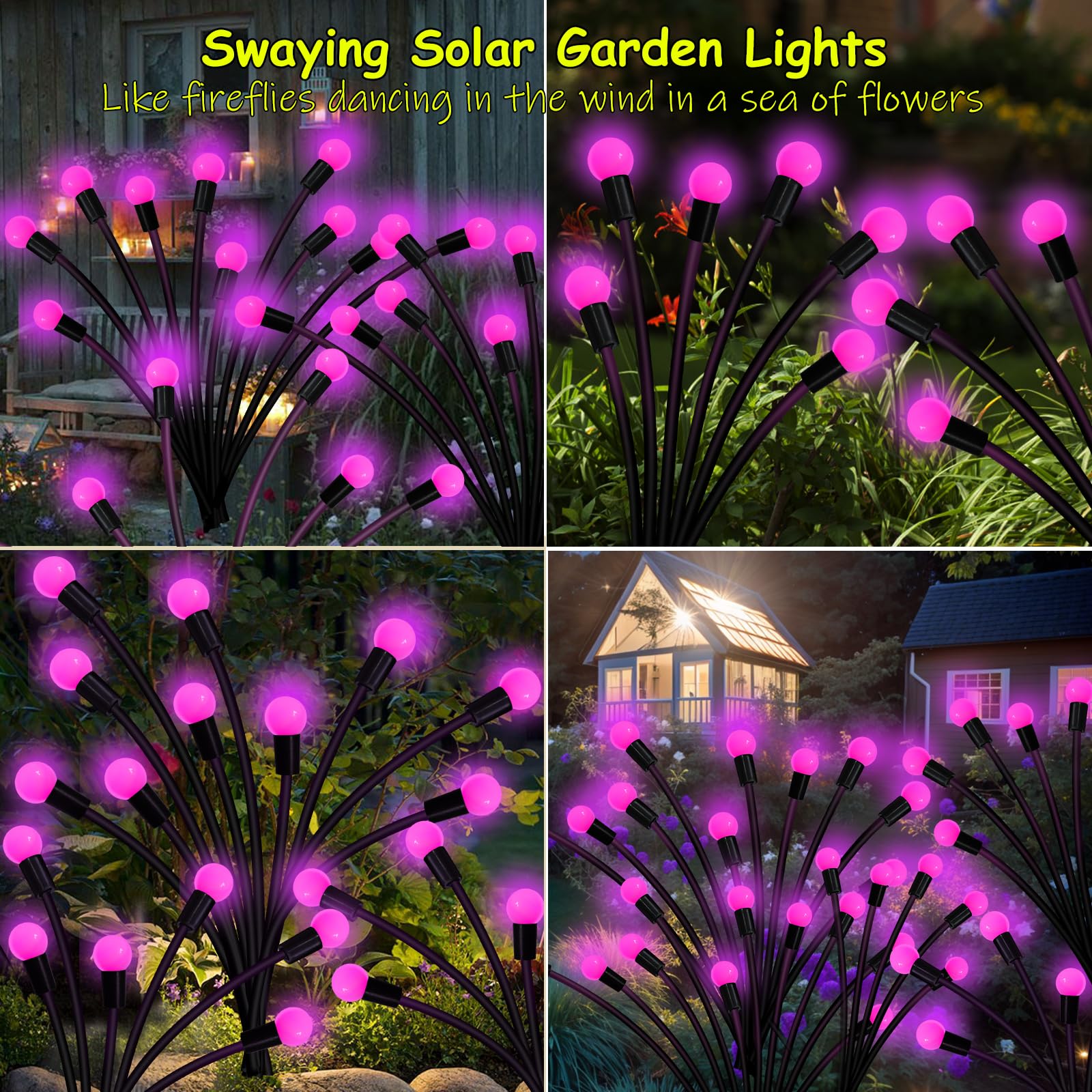 Kohlrabi Solar Garden Lights Outdoor, 10 Pack 80 Led Pink Firefly Lights Waterproof, Sway By Wind, Solar Wind Swaying Light For