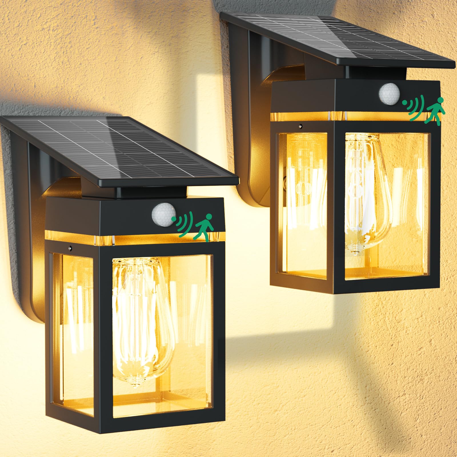 Cybrasc 2 Pack Solar Porch Lights Outdoor, Dusk to Dawn & Motion Sensor Wall Light with Lantern Shape, 3 Modes IP65 Waterproof, 