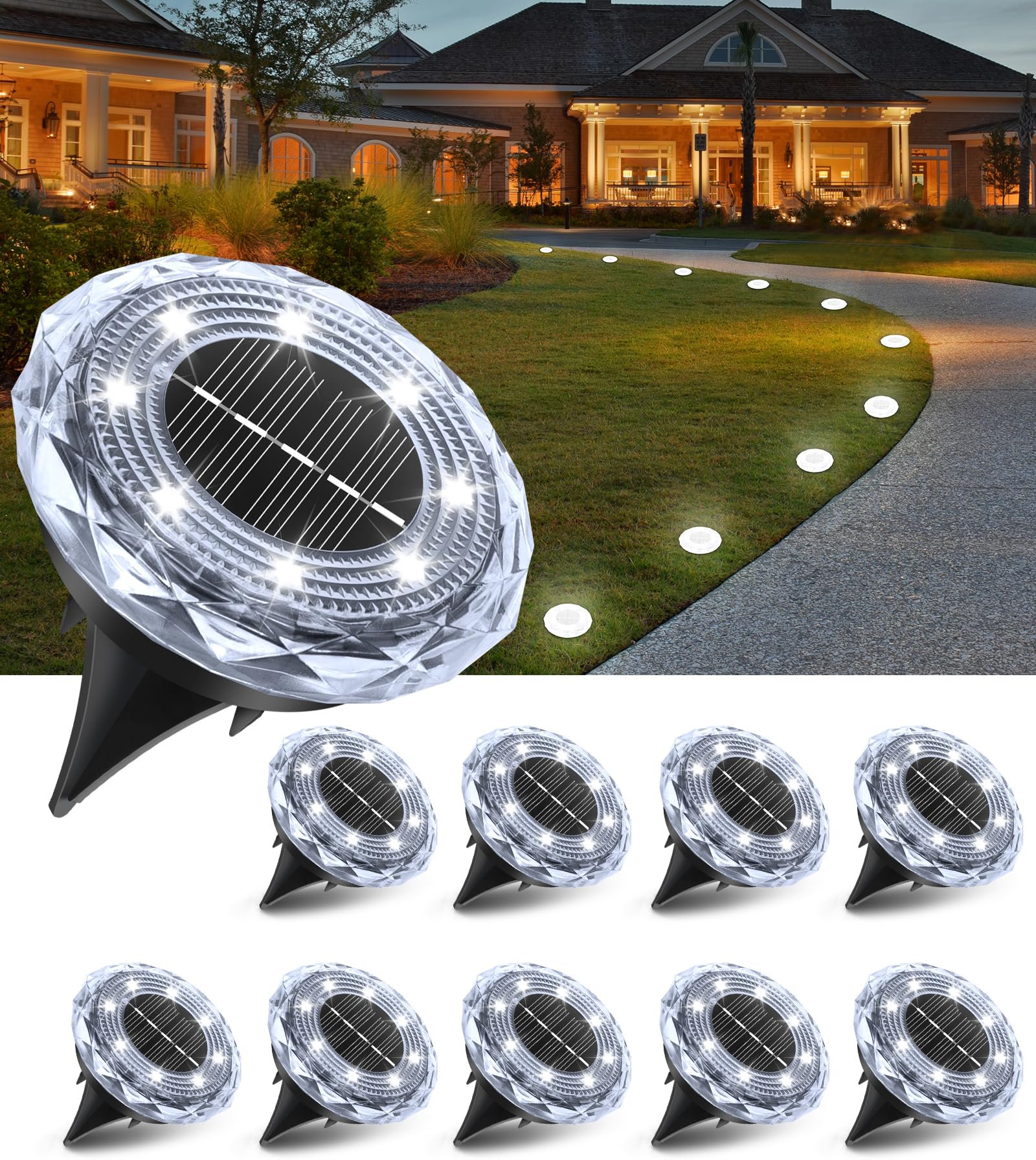 Solar Ground Lights,10 Pack Solar Powered Pathway Lights Outdoor,15Hrs Lasting,Ip65 Waterproof,8 Led Solar Disk Light For Patio