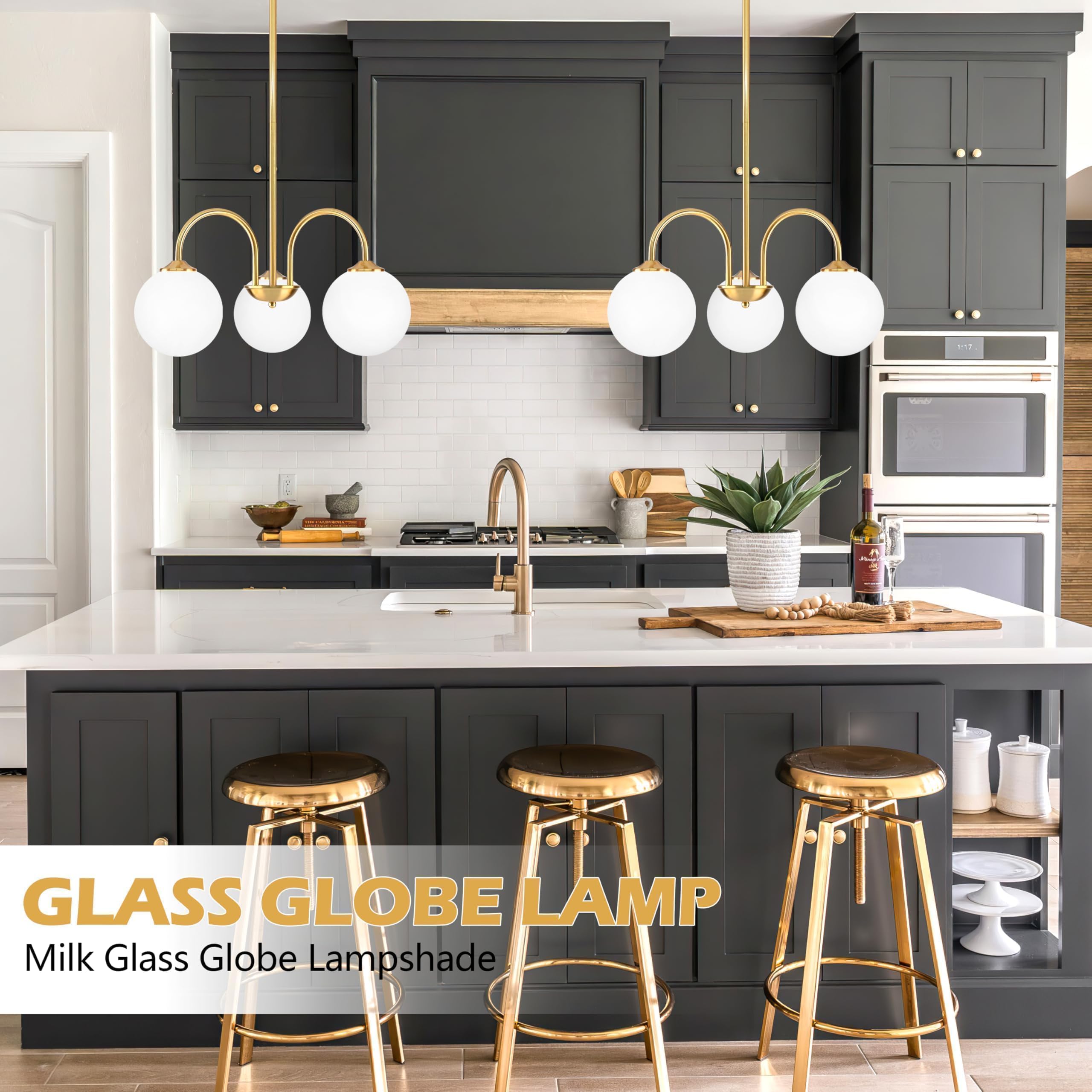 Bagood 3 Lights Globe Pendant Light Gold Sputnik Light Fixture 19.6    Modern Sputnik Chandelier With Milk Glass Globe Shade Dim