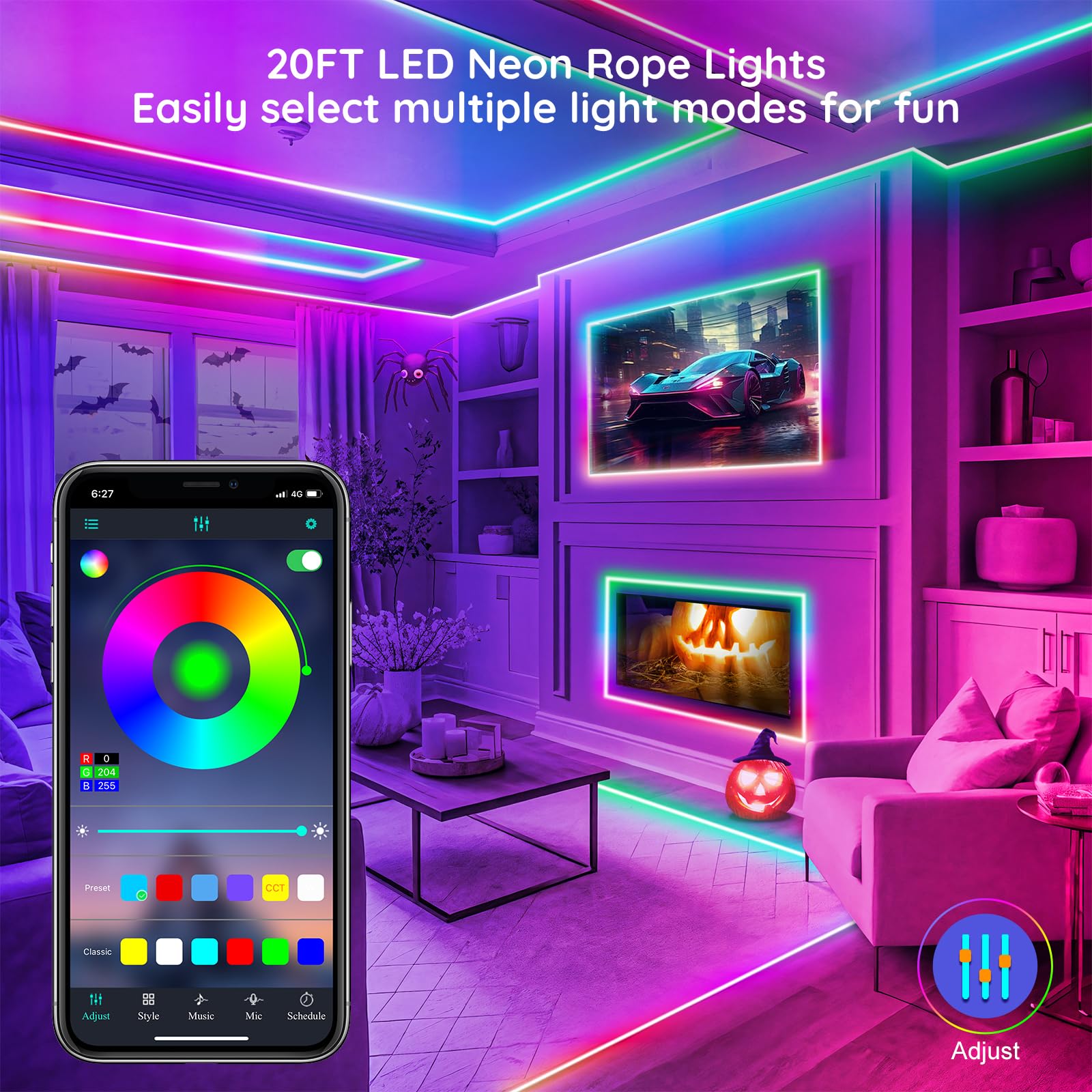 FBZ 20Ft Neon Rope Lights, RGB LED with App/Remote Control, Waterproof, Music Sync for Bedroom Decor