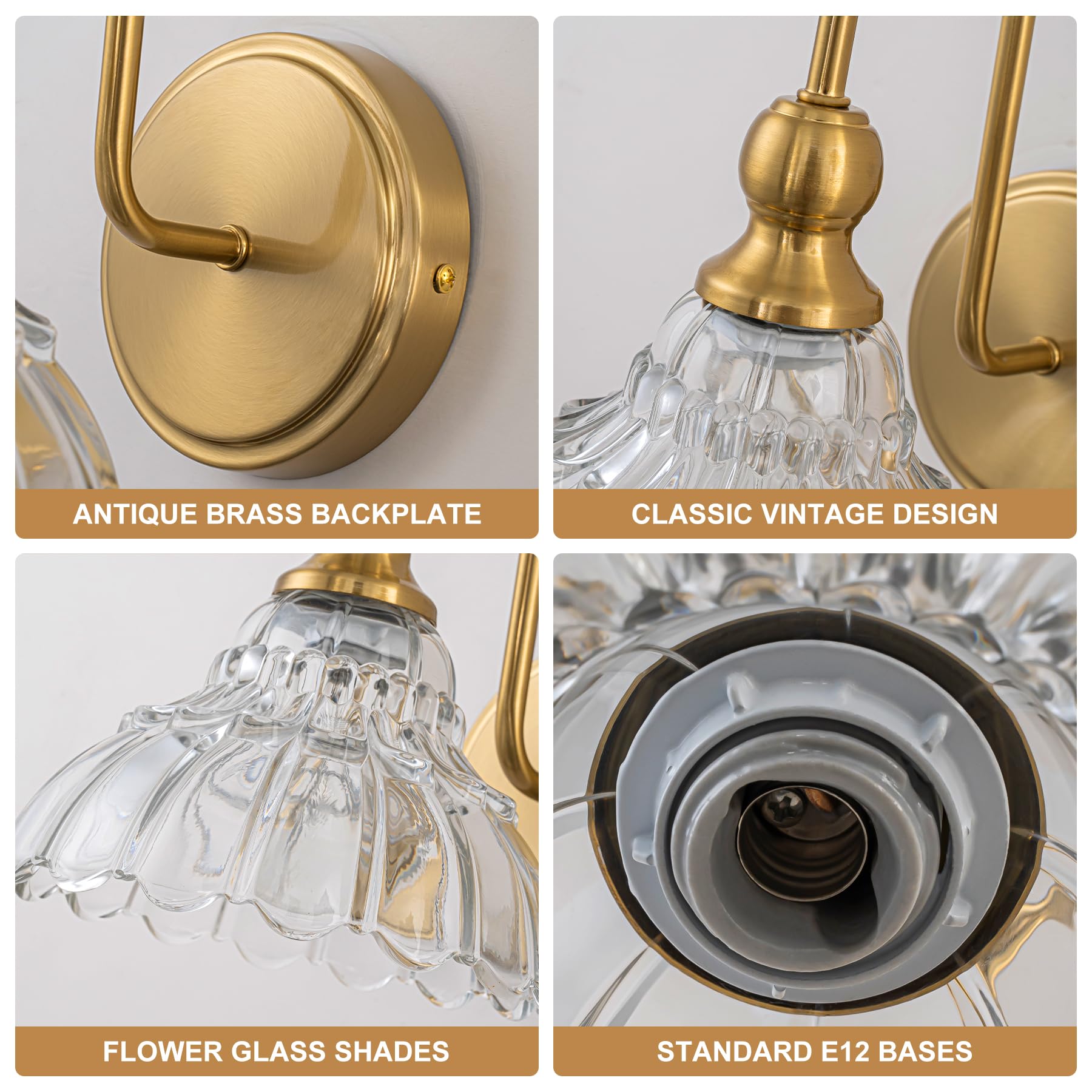 Brknit Vintage Bathroom Light Fixtures Over Mirror  1-Light Brass Wall Sconce Lighting With Flower Glass Shade  Farmhouse Vanity Lights For Bedroom Kitchen Living Room Hallway Light