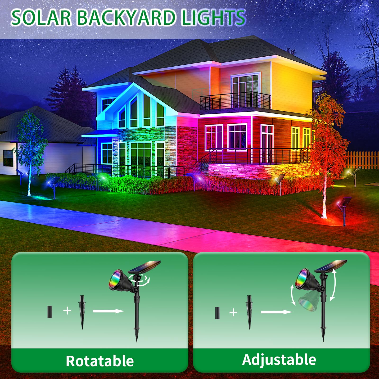 JSOT Solar Spot Lights, 2 Pack RGB Color Changing, Waterproof Uplighting, Model 6D-RGB, for Yard, Walkway, Tree, Lawn
