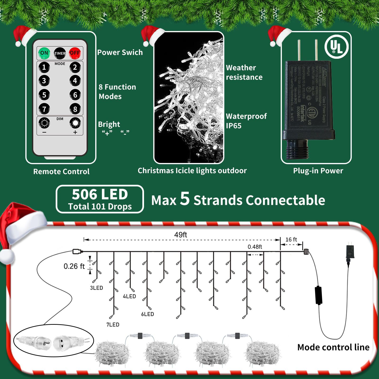 Ryblgled Icicle Christmas Lights For Outside - 65Ft 506 Led Plug-In Icicle String Lights Outdoor Decorations With Remote,Waterpr