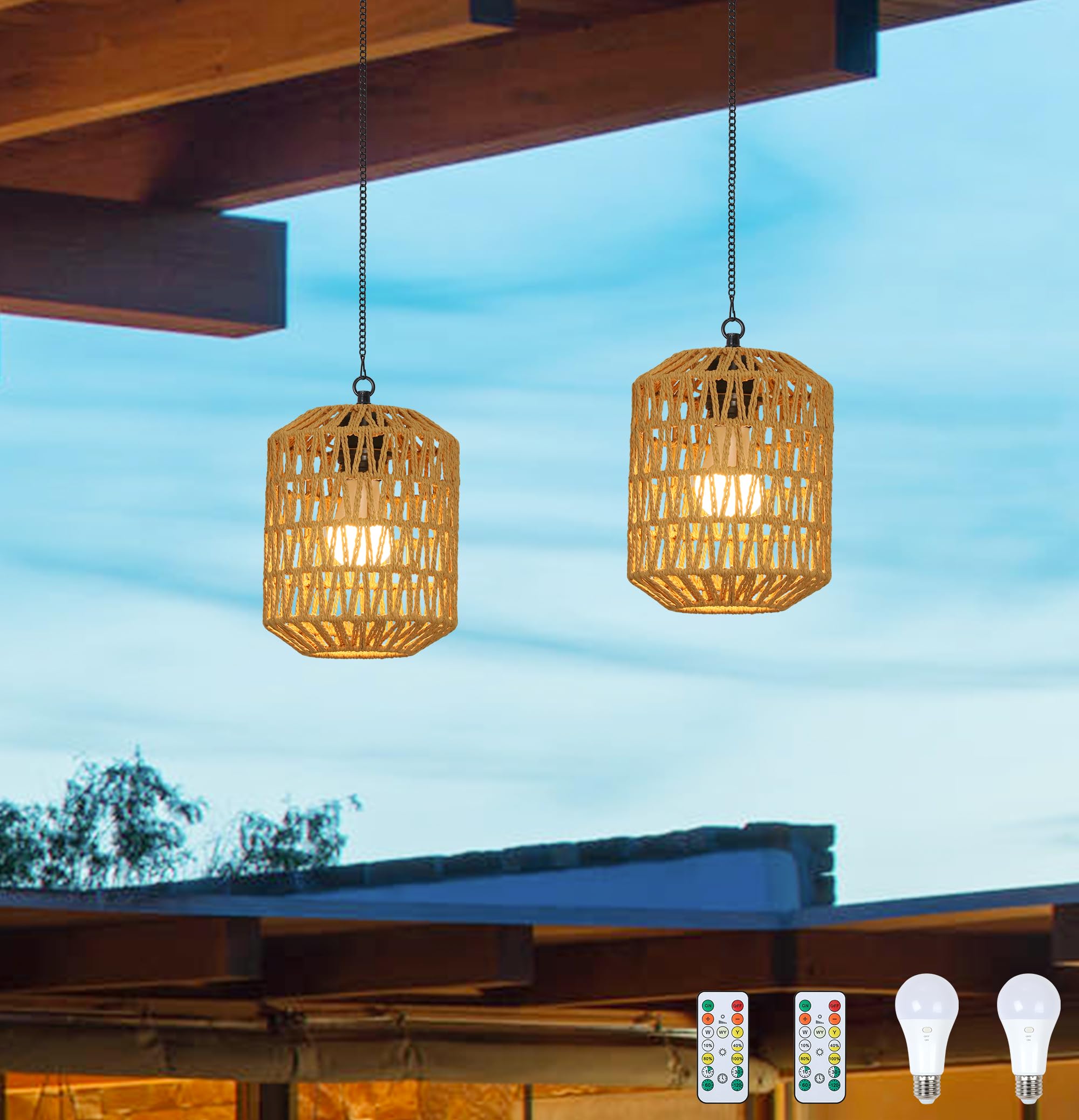 HMVPL Battery Operated Chandelier, Rattan Pendant Light with Remote, Brown, 2 Pack