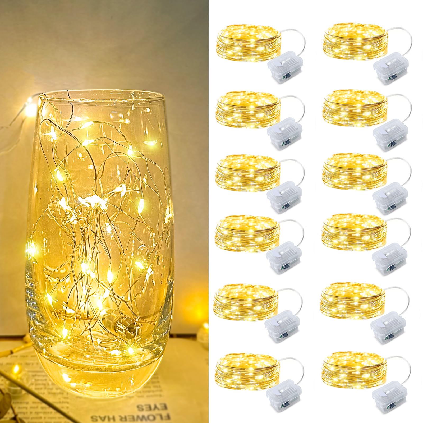 12 Pack Fairy Lights Battery Operated  7ft 20 Mini LED Fairy Lights Silver Wire Twinkle Lights for DIY  Parties  Wedding  Bedroom  Christmas Decoration (Warm White)
