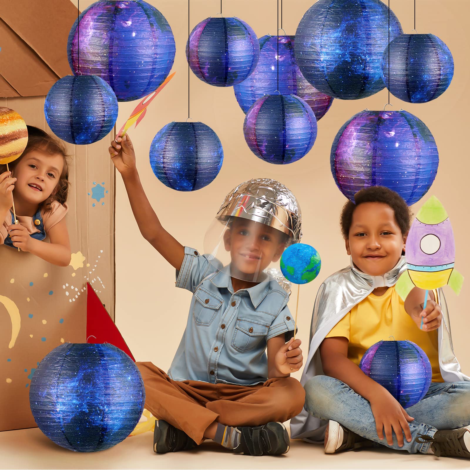 Hortsun Galaxy Print Paper Lanterns - 10 Pack, Space Themed, 8&quot;/6&quot; Hanging Decor For Parties