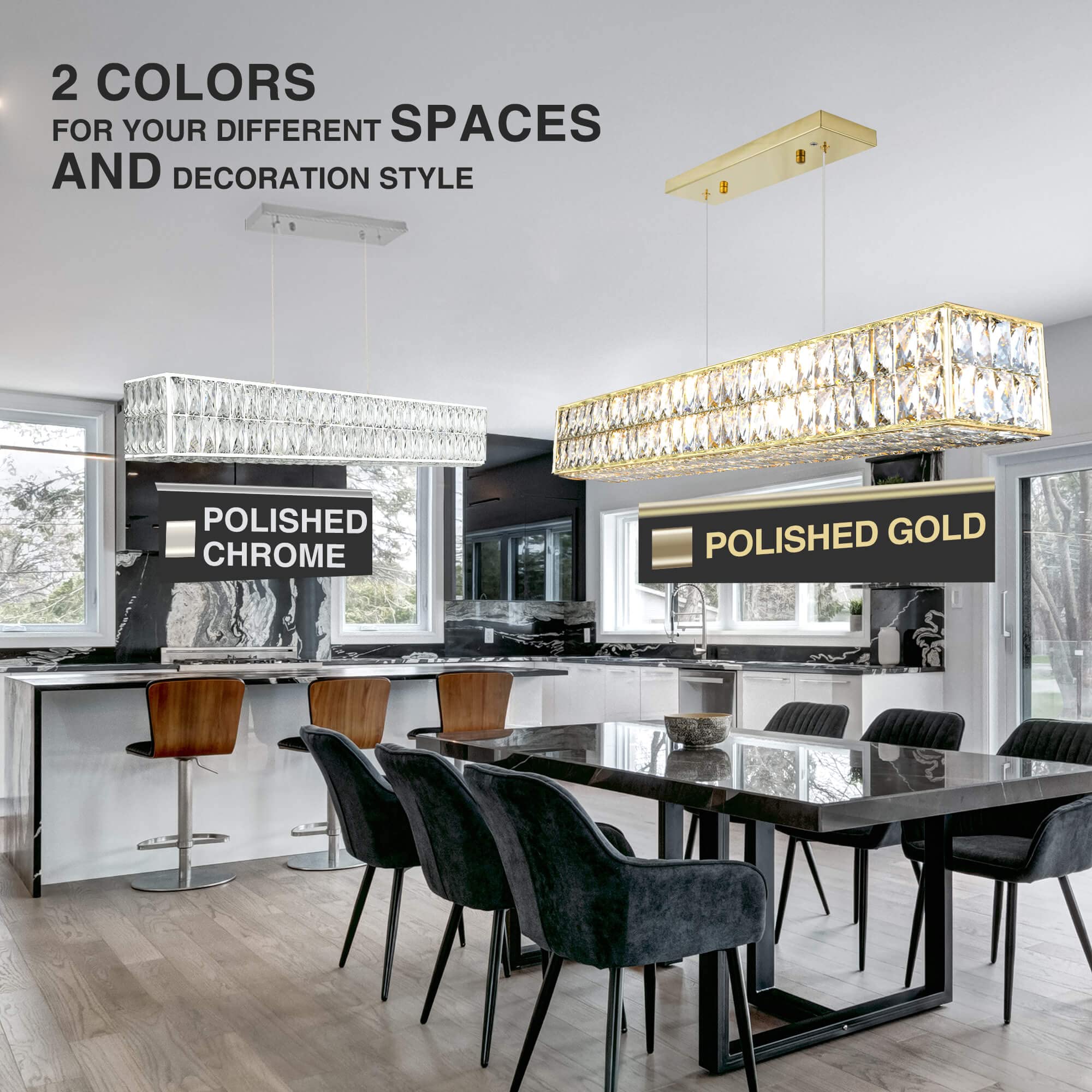 IKK Modern Rectangle Chandelier - Large Chrome Pendant Light for Dining Room, L40 x W6.7 x H6.3, Model M-MJ-6HSQU24001