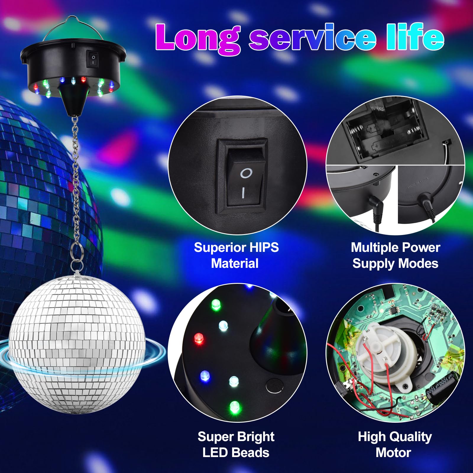 COOMATEC Rotating Disco Ball Light with Motor, 6-12RPM, 4 Colors, 6in Size, Black, Model 2025-MT06