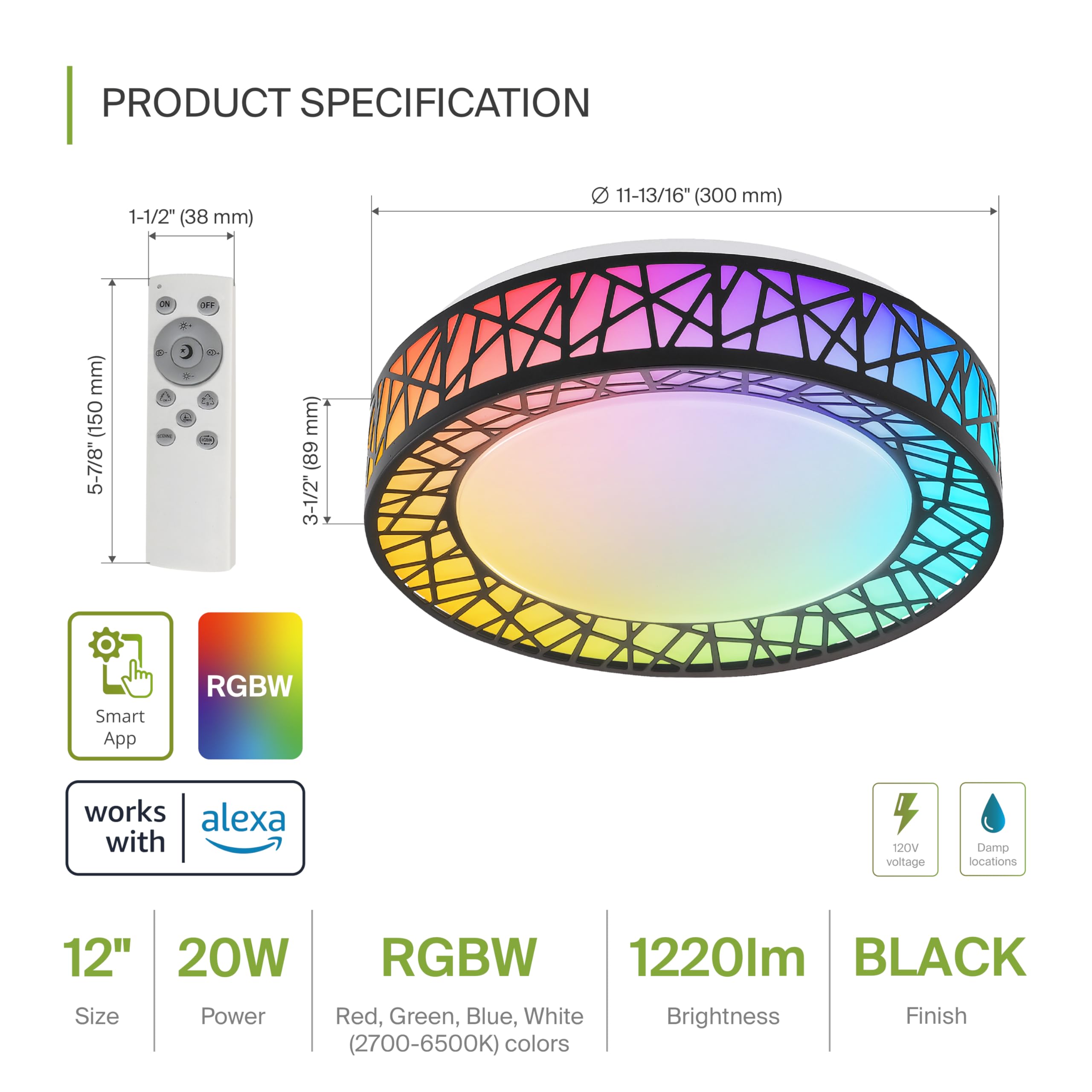 ASD Smart RGBW Flush Mount Ceiling Light - 12 Inch, Matte Black, Dimmable, WiFi & Remote Control, Model A-LFM12D20SRGBW-B