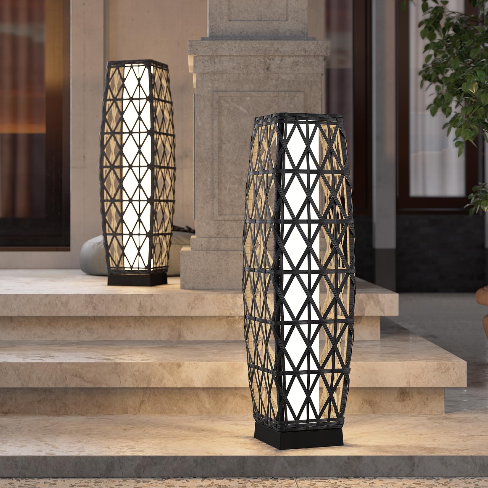 Grand patio 2-Piece Solar Outdoor Floor Lamp Solar Powered Wicker Lantern Outdoor Weather-Resistant Deck Light for Garden Porch 