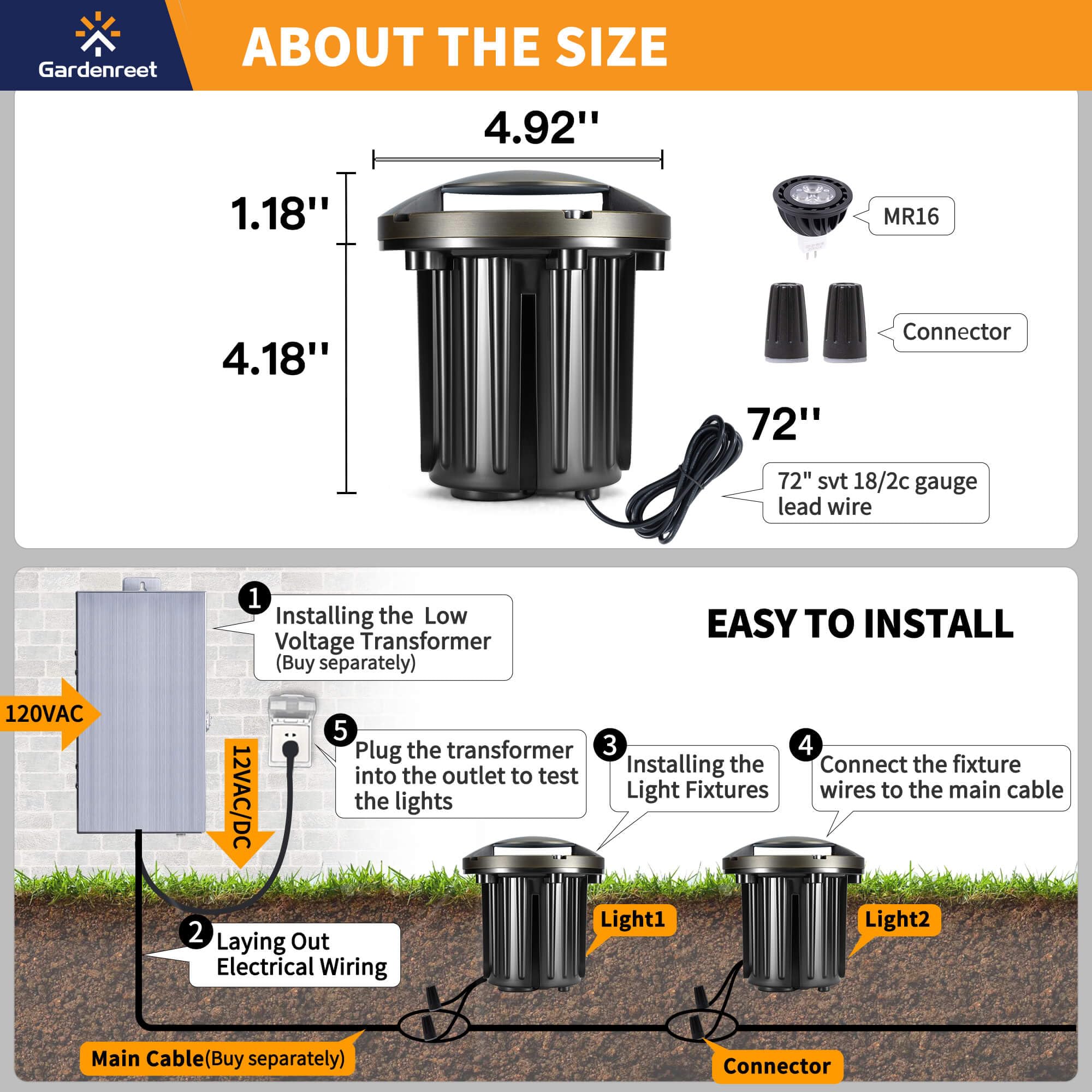 Gardenreet Low Voltage Outdoor Well Light - Brass All Weather Low Voltage 12V In Ground Lighting, Led Wired Fixture, Antique Bro