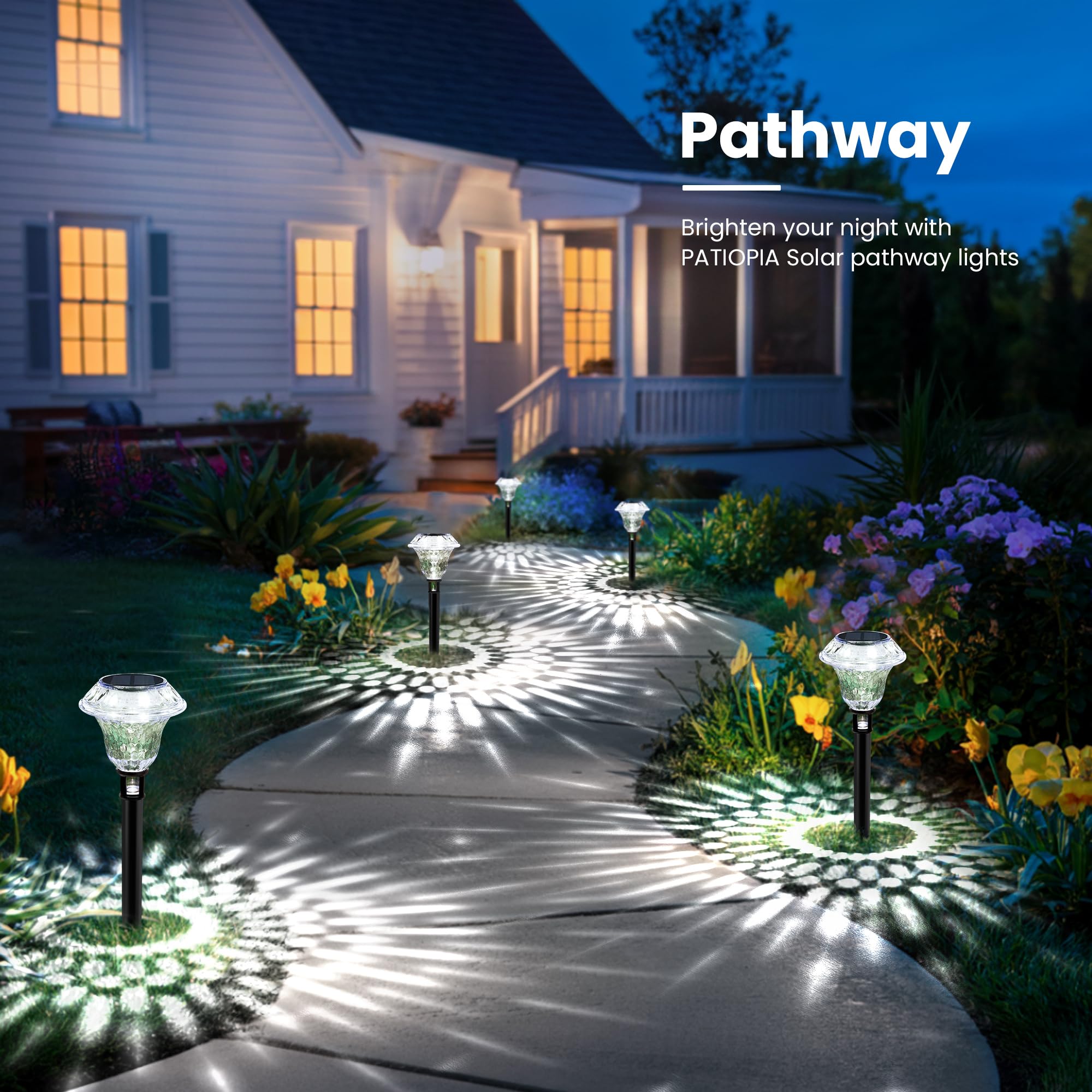 PATIOPIA Solar Pathway Lights - 6 Pack Cold White Waterproof Garden Decor for Yard, Driveway, Landscape, Model 10293