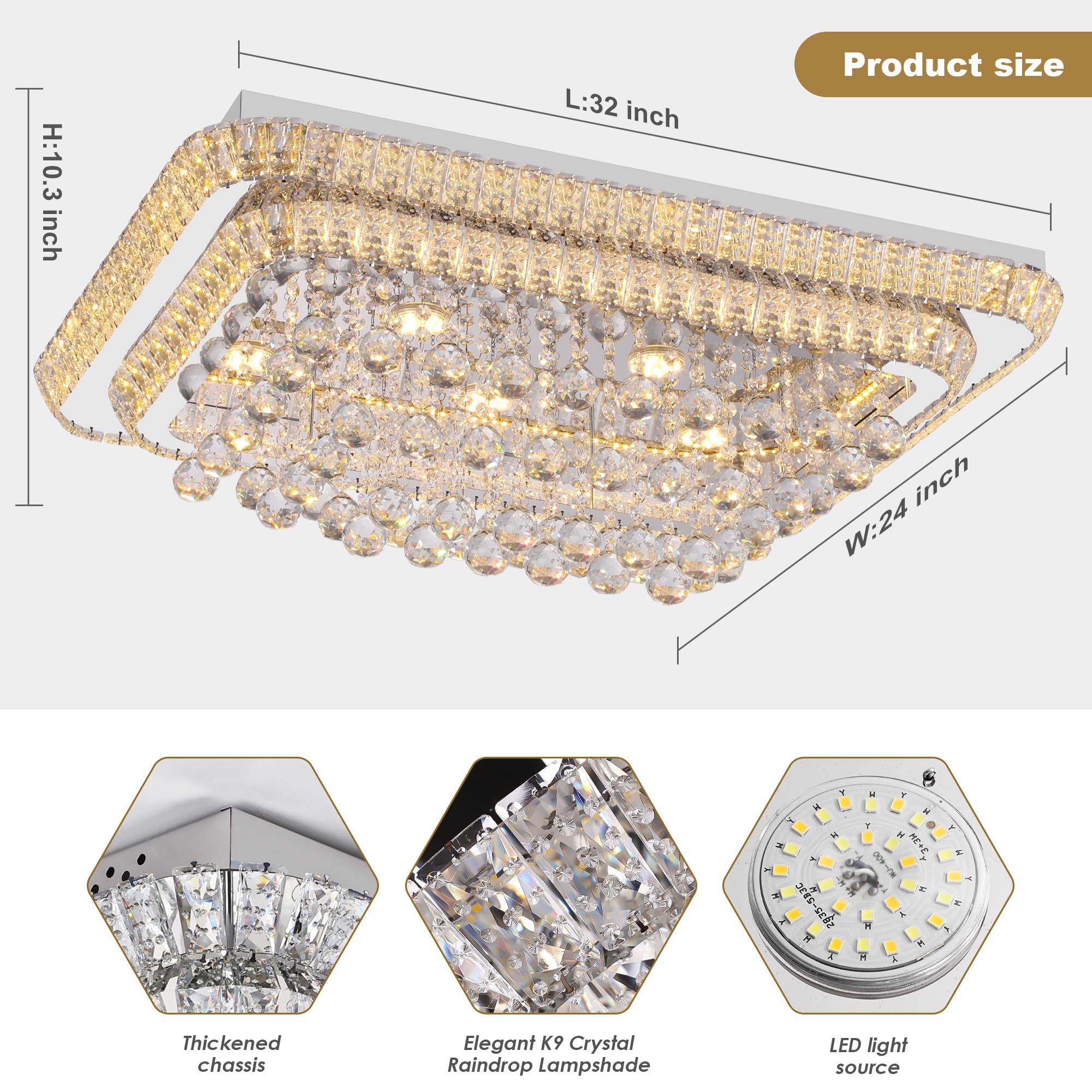 32 inch Crystal Flush Mount Chandelier, Modern Raindrop Crystal Silver Chandeliers with Remote and APP, 3 Colors Temp & Brightne