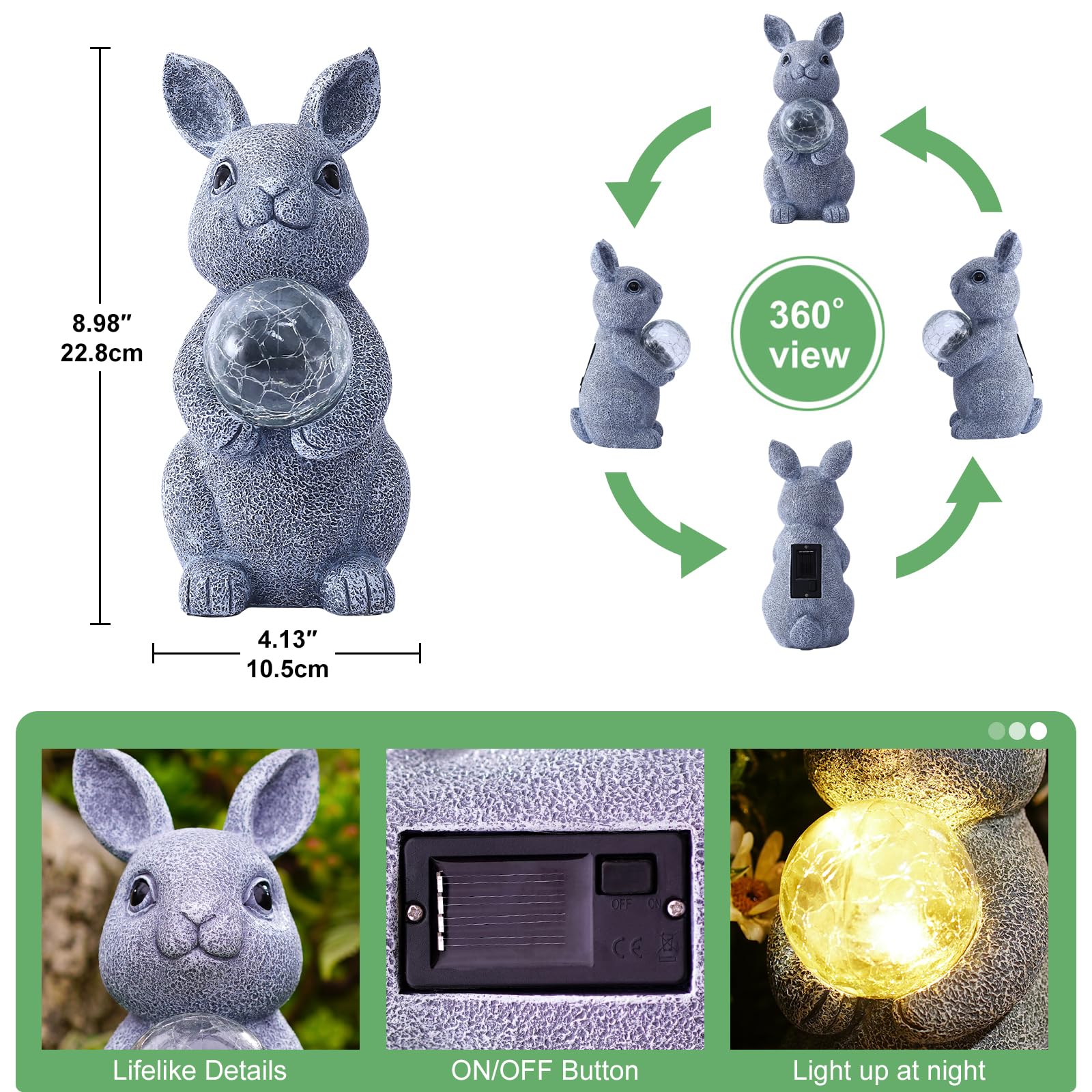 Tiejiajiang Gray Rabbit Solar Garden Statue With Gazing Ball - Outdoor Decor For Patio & Yard